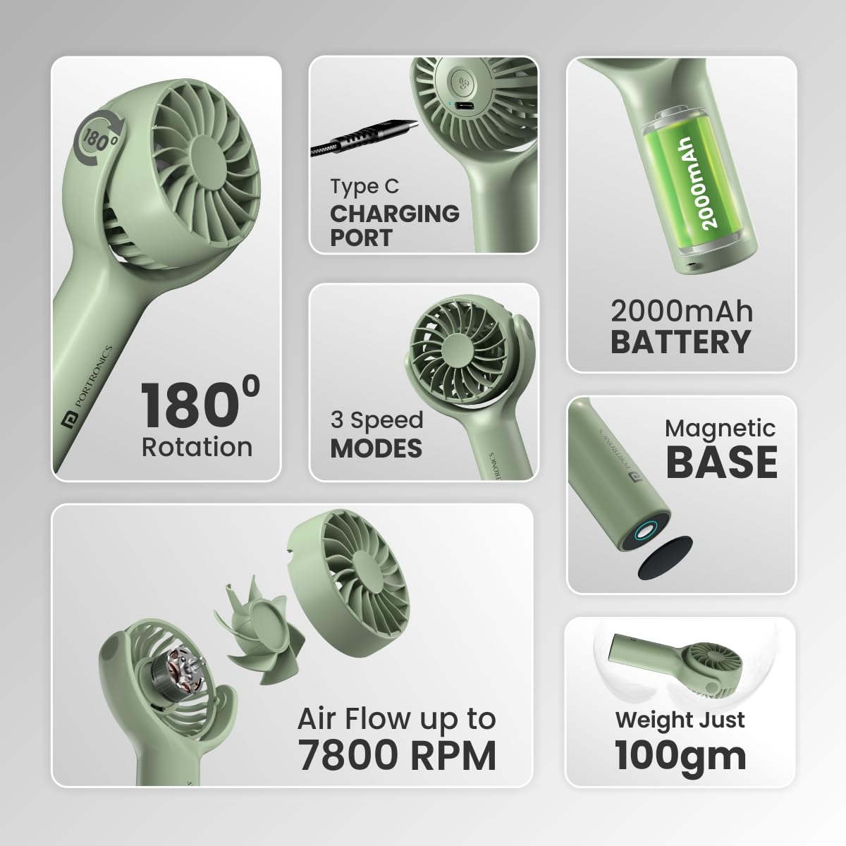 Green Toofan Mini hand fan with 180-degree rotation for flexible airflow direction at your desk, and kitchen| best rechargeable mini fan