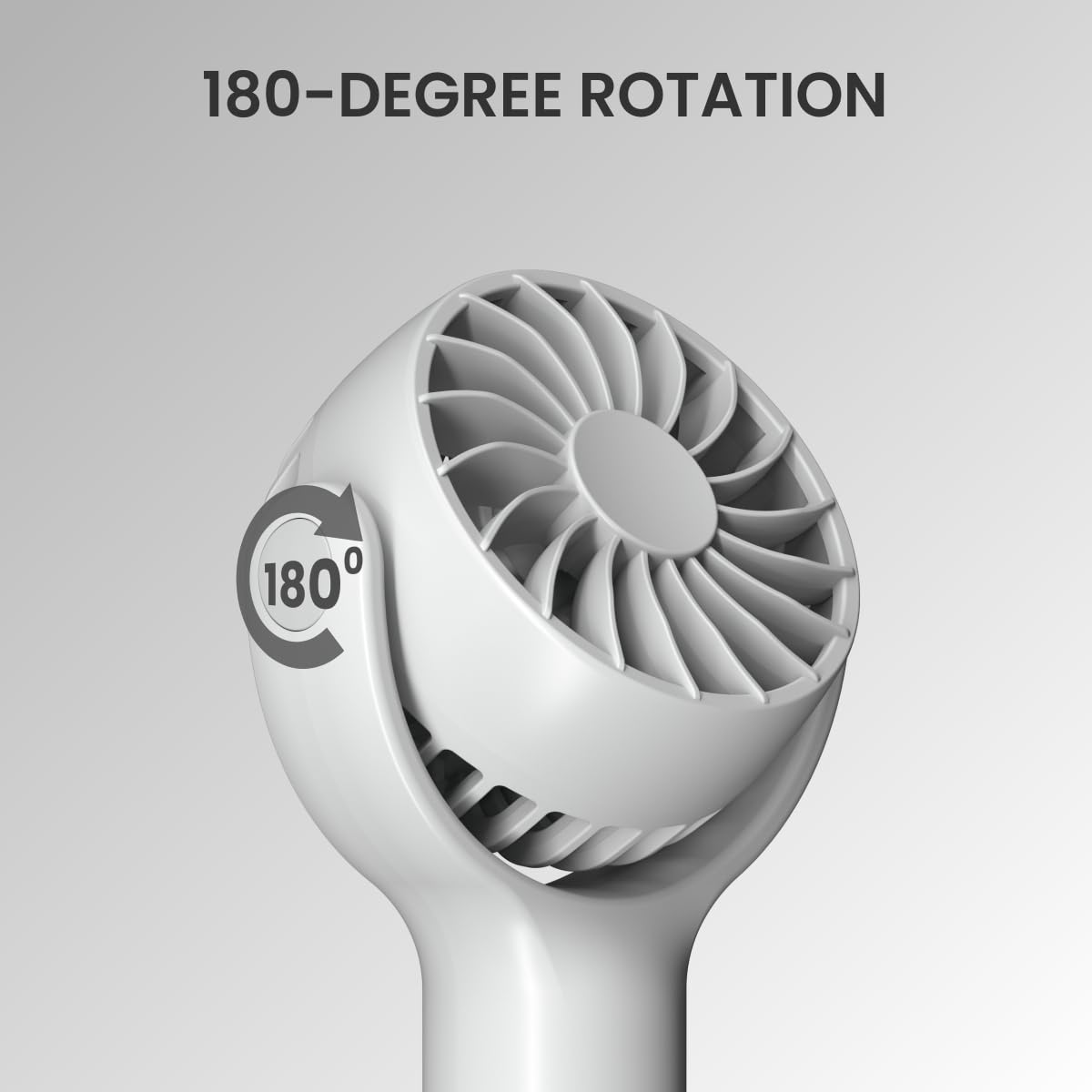 White Highly efficient Toofan Mini hand fan with 180-degree rotation for flexible airflow direction at your desk, kitchen, or while commuting