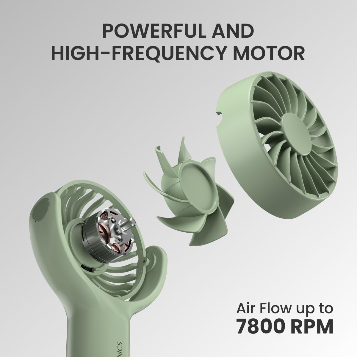 Green Versatile Toofan Mini mini fan ideal for indoor and outdoor use, featuring strong airflow, stable desk base, and easy portability