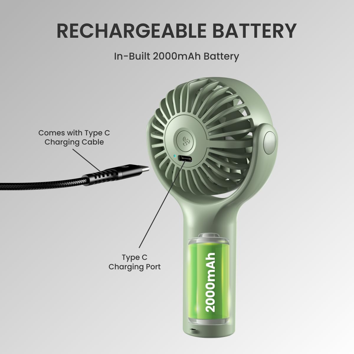 Green Ergonomic Toofan Mini mini rechargeable fan with Type-C charging, magnetic desk base, and up to 7-hour run time for flexible use