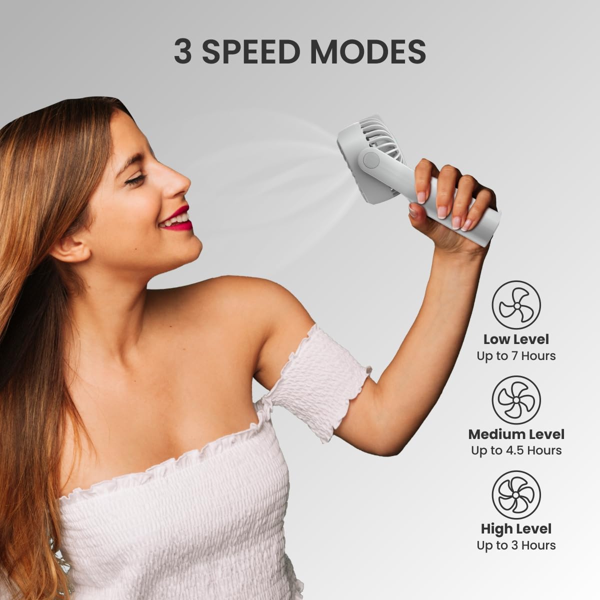 White Toofan Mini pocket-sized fan with 3 adjustable speed modes and up to 7 hours battery life, ideal for travel, kitchen, school bus, and more