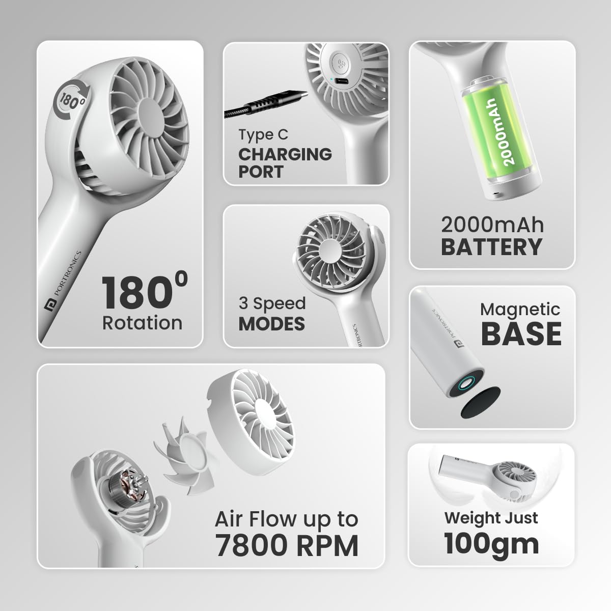 White Toofan Mini portable rechargeable fan with magnetic base and included metal plate for stable placement on desks, tables, or countertops