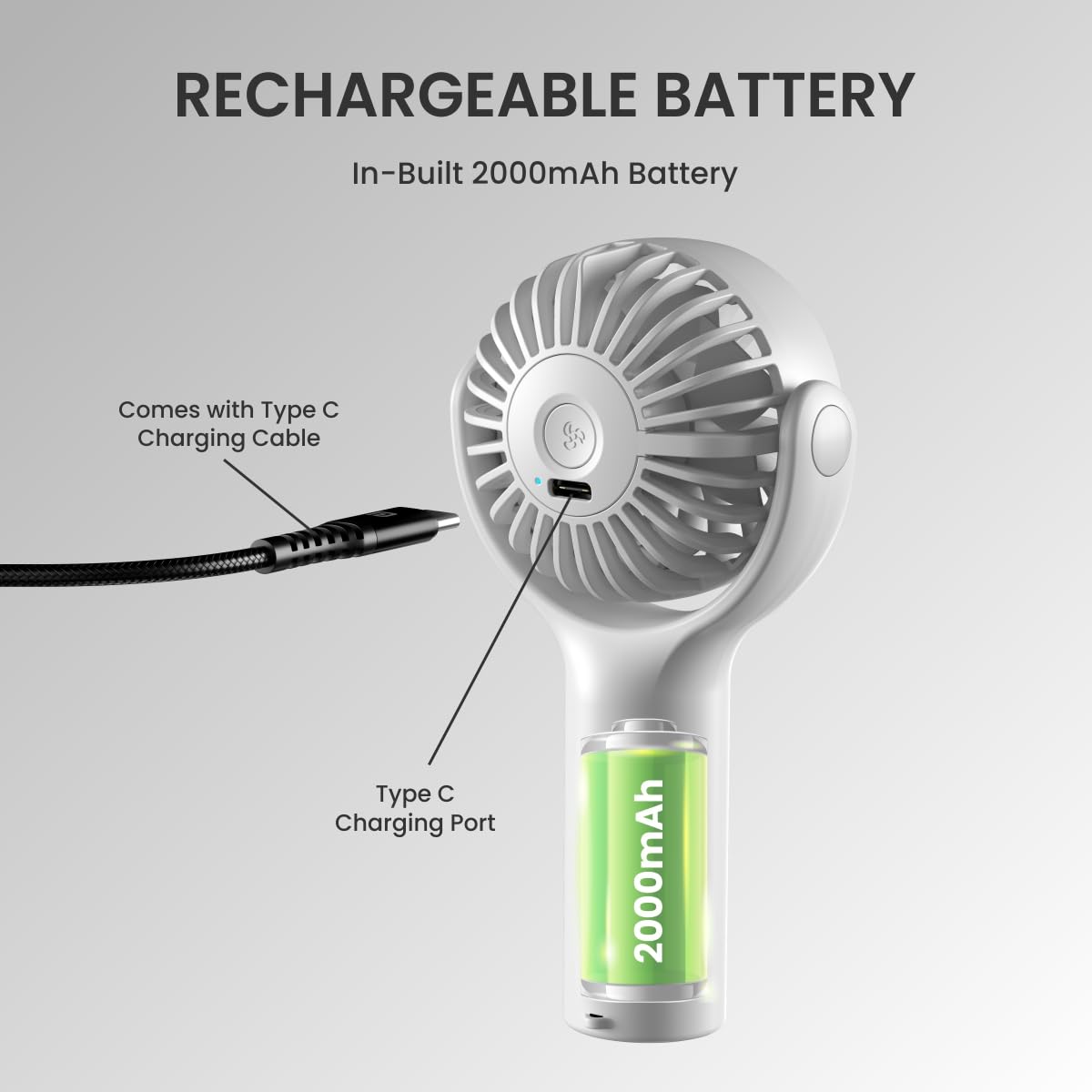 White Toofan mini fan portable device with quiet high-frequency motor and durable design for everyday indoor and outdoor comfort