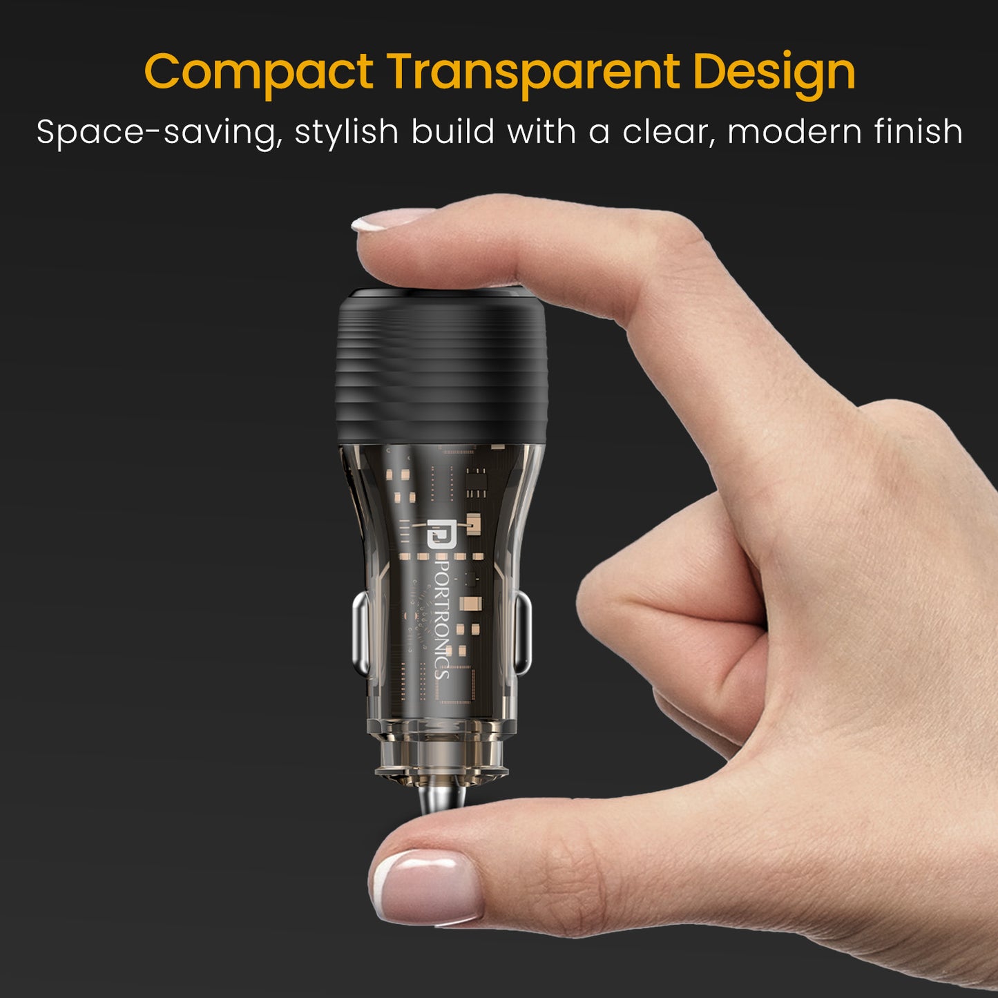Transparent car charger adapter, Portronics Car Power View Plus, 3.4A charger output for car power needs, supporting all USB and Type-C compatible devices