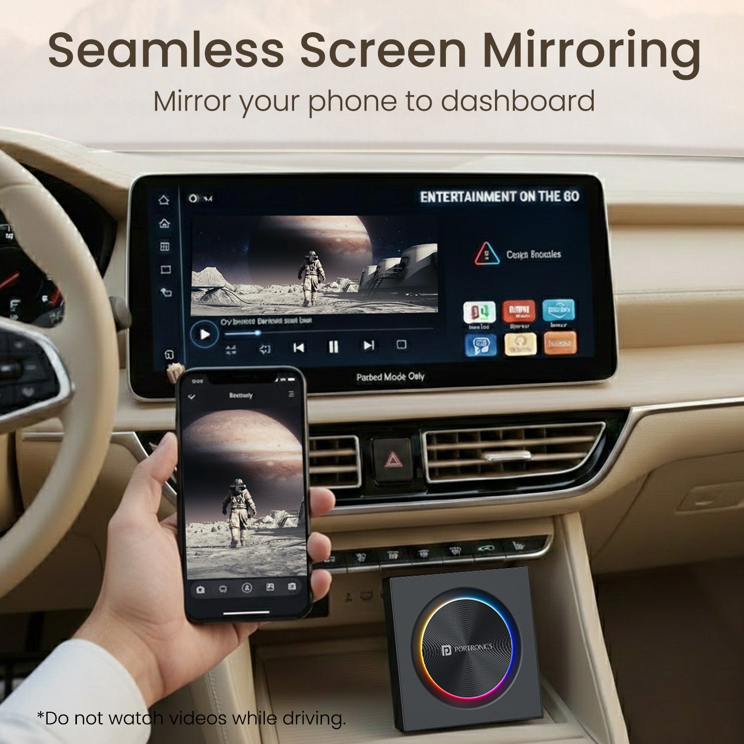 Portronics Tune Prime wireless car screen adapter with seamless screen mirroring CarPlay support for smartphone display on dashboard, compatible as bluetooth for car USB and car bluetooth adapter wireless with AI voice assistant car adapter for hands-free music calls navigation CarPlay in supported vehicles