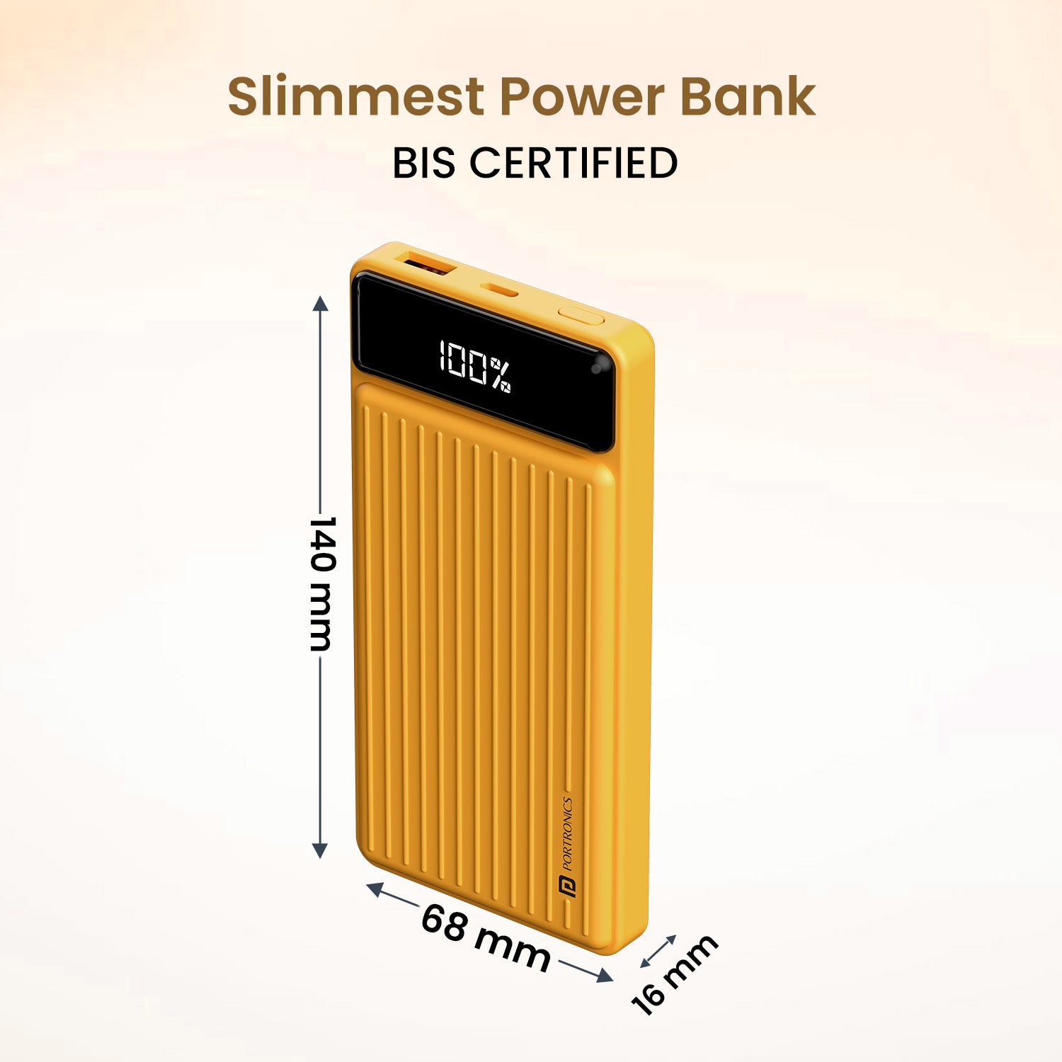 Yellow Ultra-slim Portronics Luxcell B fast charging power bank with Mach USB A and Type-C PD 3.0 outputs, ensuring efficient charging for multiple mobile devices