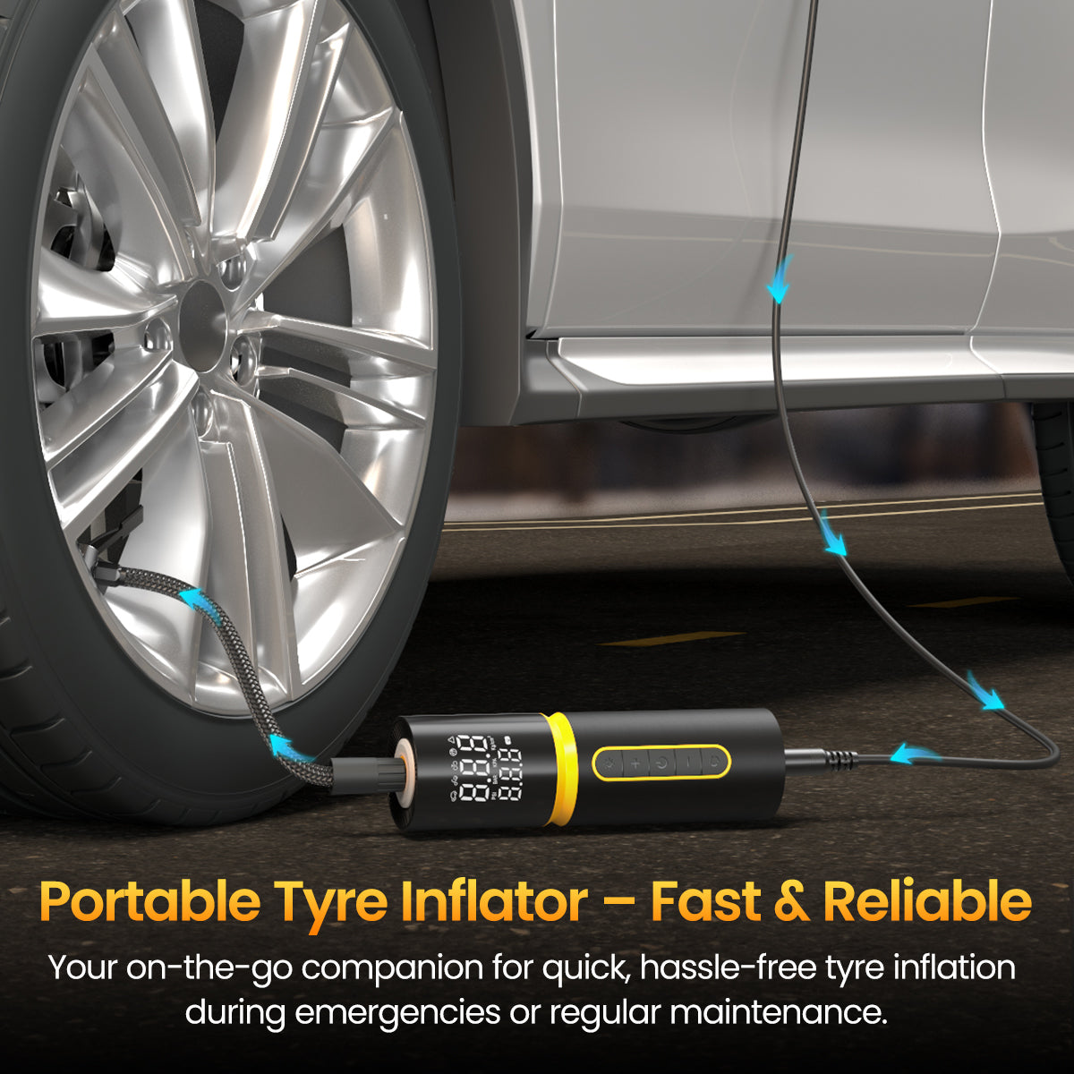 Vayu 5.0 Lite Corded Tyre Inflator by Portronics | Reliable 12V DC Air Pump for Car, Bike & Cycle Tyres | Accurate LED Digital PSI Reading with Smart Pressure Detection to Prevent Over-Inflation | Extra-Long 3-Meter Cord for SUVs & Sedans | Compact Travel-Friendly Tyre Accessory with Built-in LED Light for Night Use