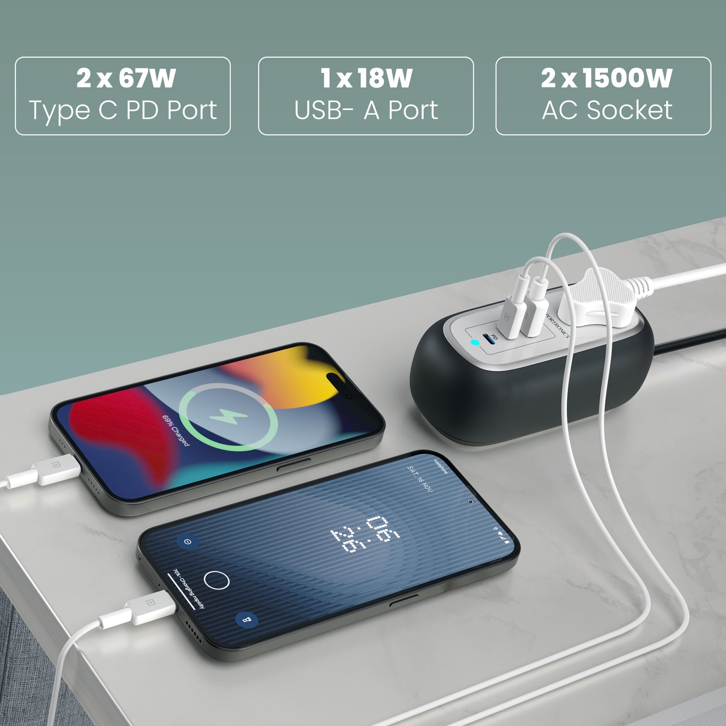 Black Volt 65 Pro Fast Charger | Portable power board with 1M copper cable, supporting 67W PD charging for tablets, smartphones, and accessories