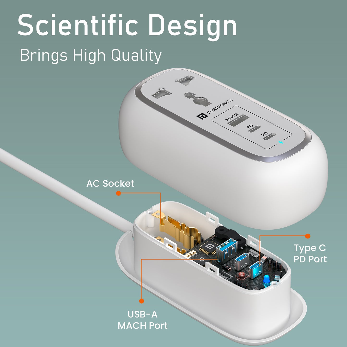 White Volt 65 Pro Power Socket Extension | Dual AC output with 1500W capacity and multi port USB support for smart charging.