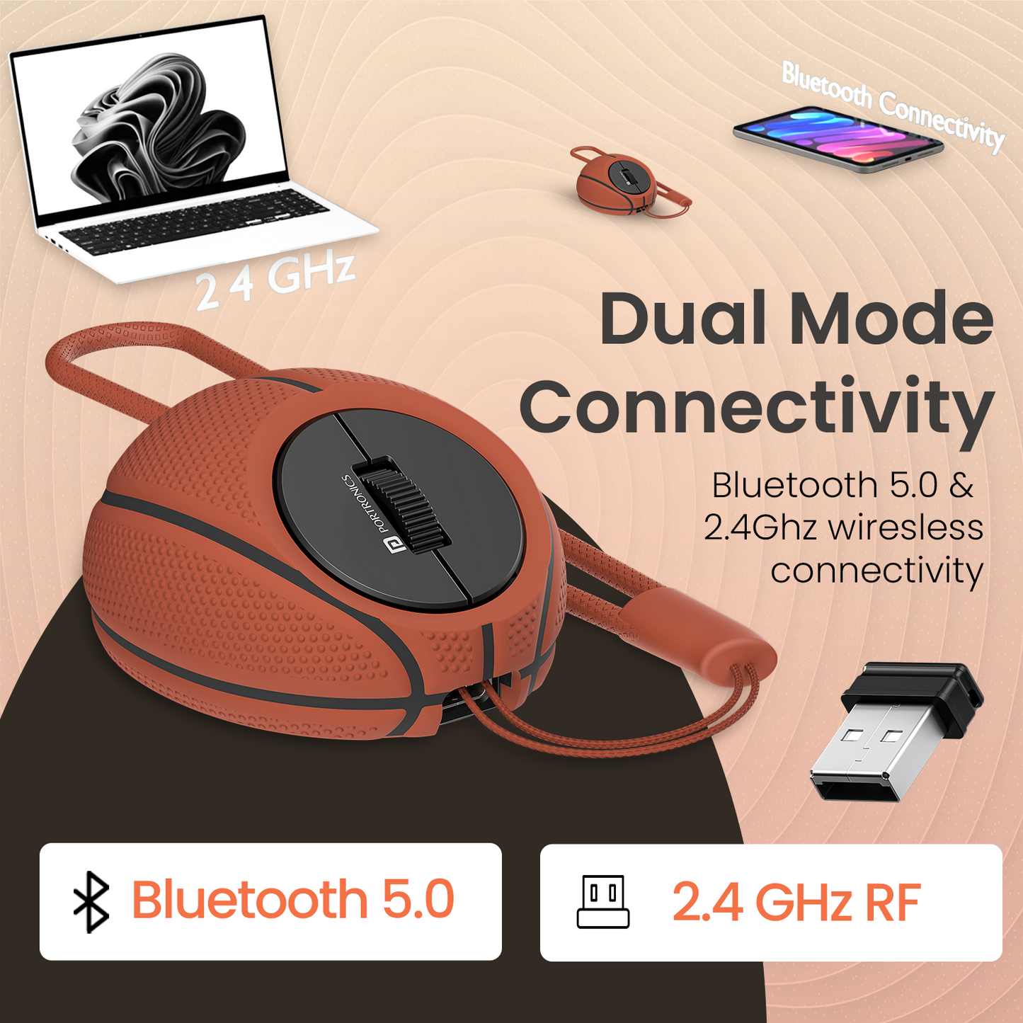 Wireless gaming mouse ToadPlay Basketball with rechargeable battery, dual connectivity (Bluetooth and 2.4GHz), ergonomic design, and plug & play setup, suitable as best gaming mouse and optical mouse.