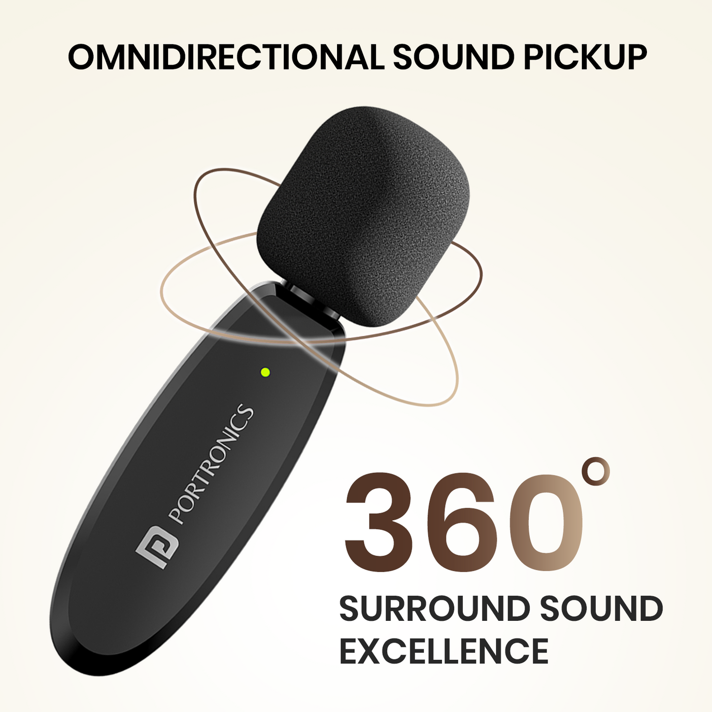 Wireless mic Dash 7 Ai by Portronics features 360° omnidirectional sound pickup, Bluetooth support, studio-level clarity, and smart plug & play design—perfect choice as a wireless microphone system for vlogging and interviews.
