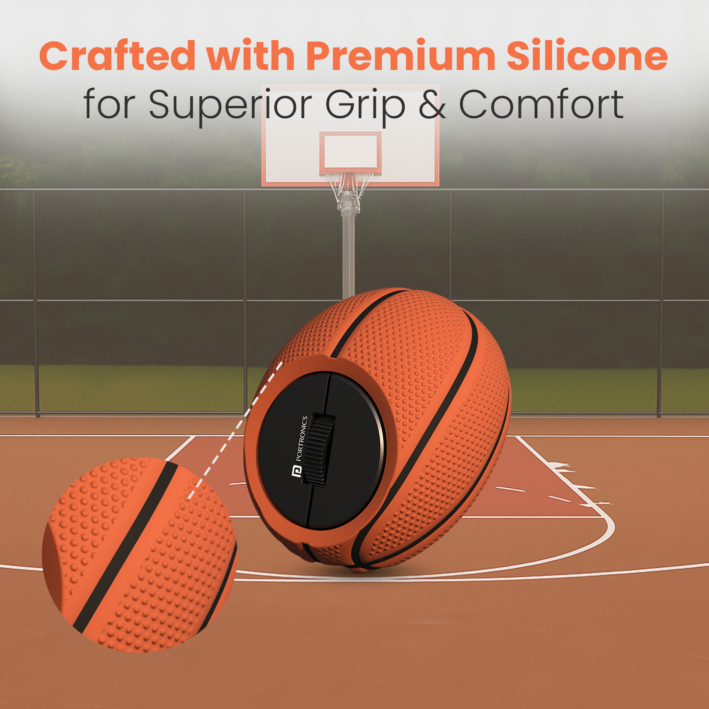 Wireless mouse ToadPlay Basketball by Portronics featuring a stylish textured finish, wireless rechargeable mouse technology, and optimized for MacBook, laptops, and multiple device pairing.