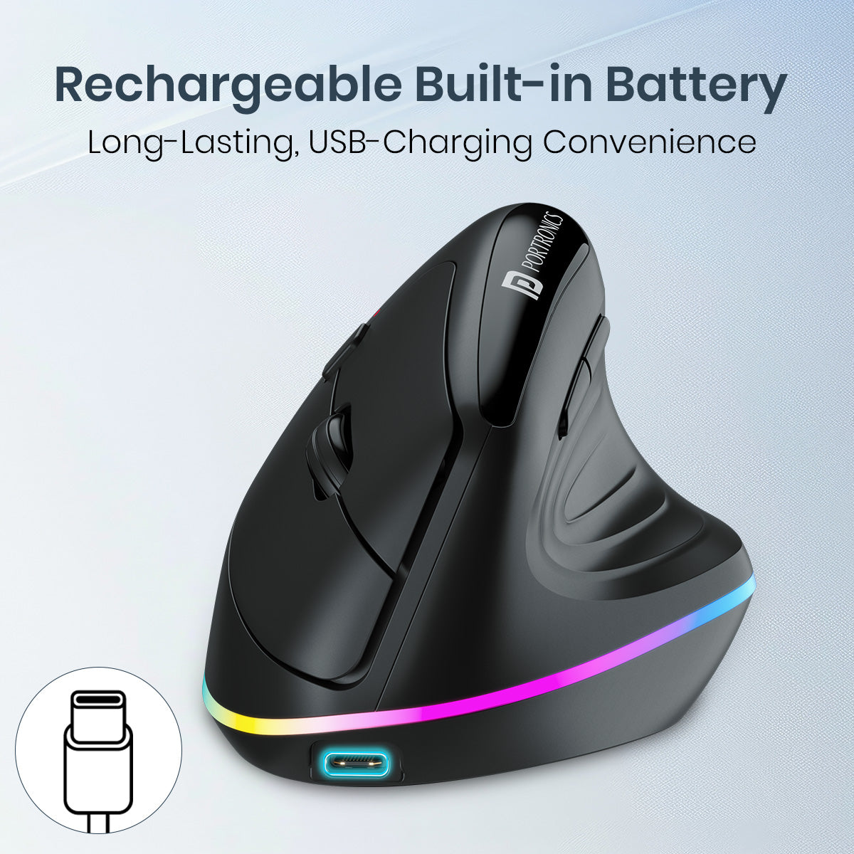 Black Wireless optical mouse Portronics Toad Ergo 3 with rechargeable battery and silent clicks| best rechargeable vertical mouse online at discount rate