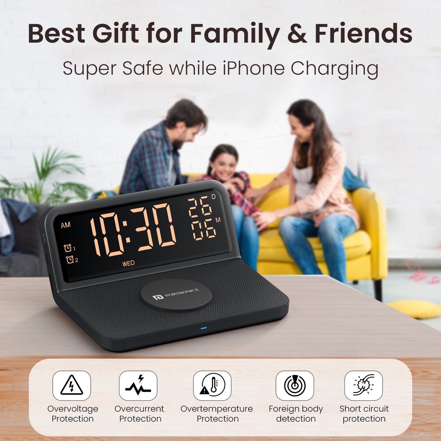 Apple Wireless Charger with Digital Clock | Freedom 4E 15W Wireless Charging Pad with Fabric Surface and Dual Alarm Settings | Ideal Wireless Charger for iPhone 15 and AirPods | Compact, Space-Saving Desktop Wireless Charger