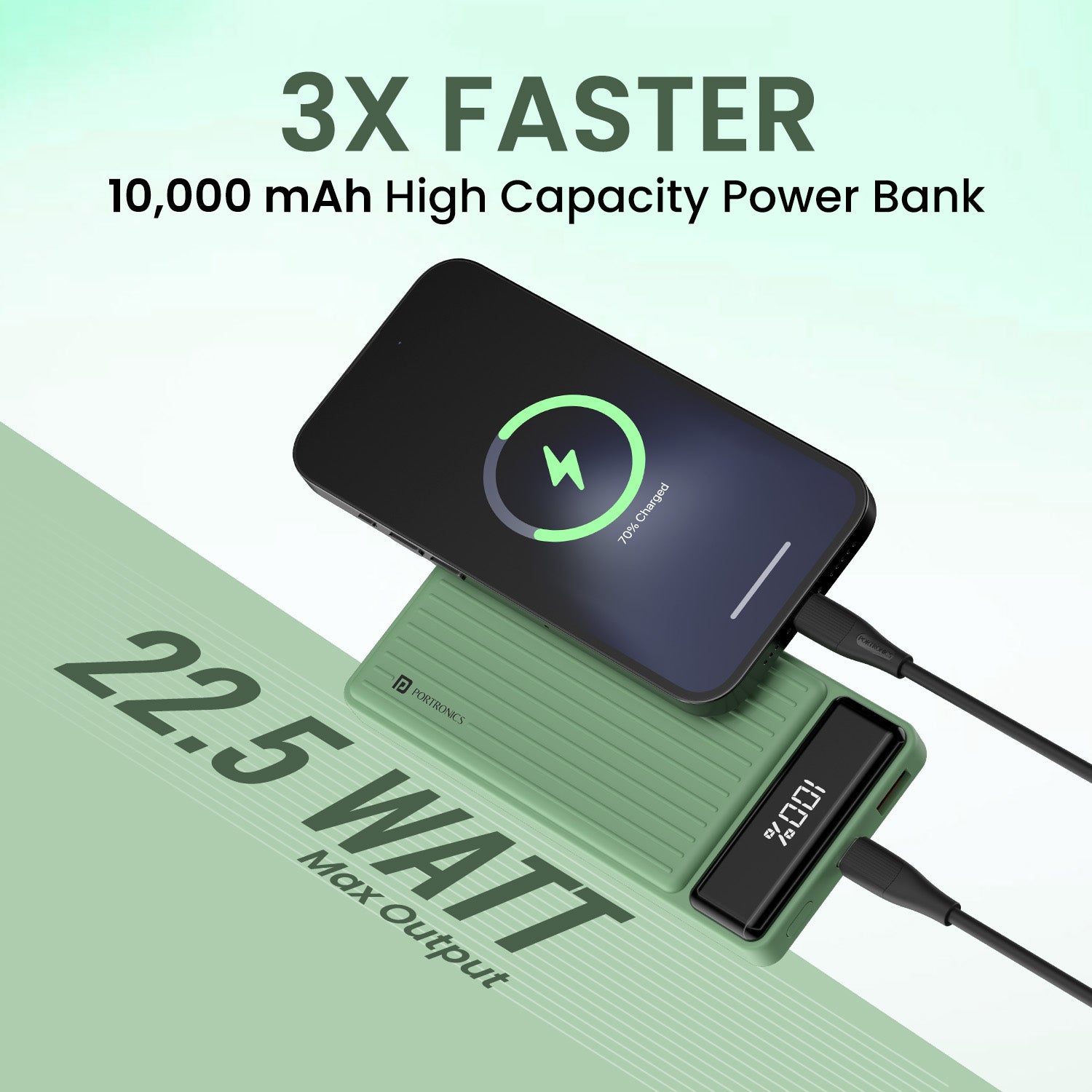 Green Fast charging power bank by Portronics, Luxcell B 10000mAh model offers Type-C PD input, smart circuit protection, and compact travel-ready design