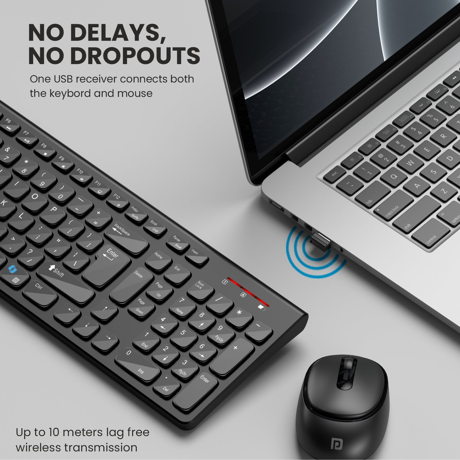 Black portronics key7 combo no delays no dropouts wireless keyboard and mouse – single usb receiver with up to 10m stable connection