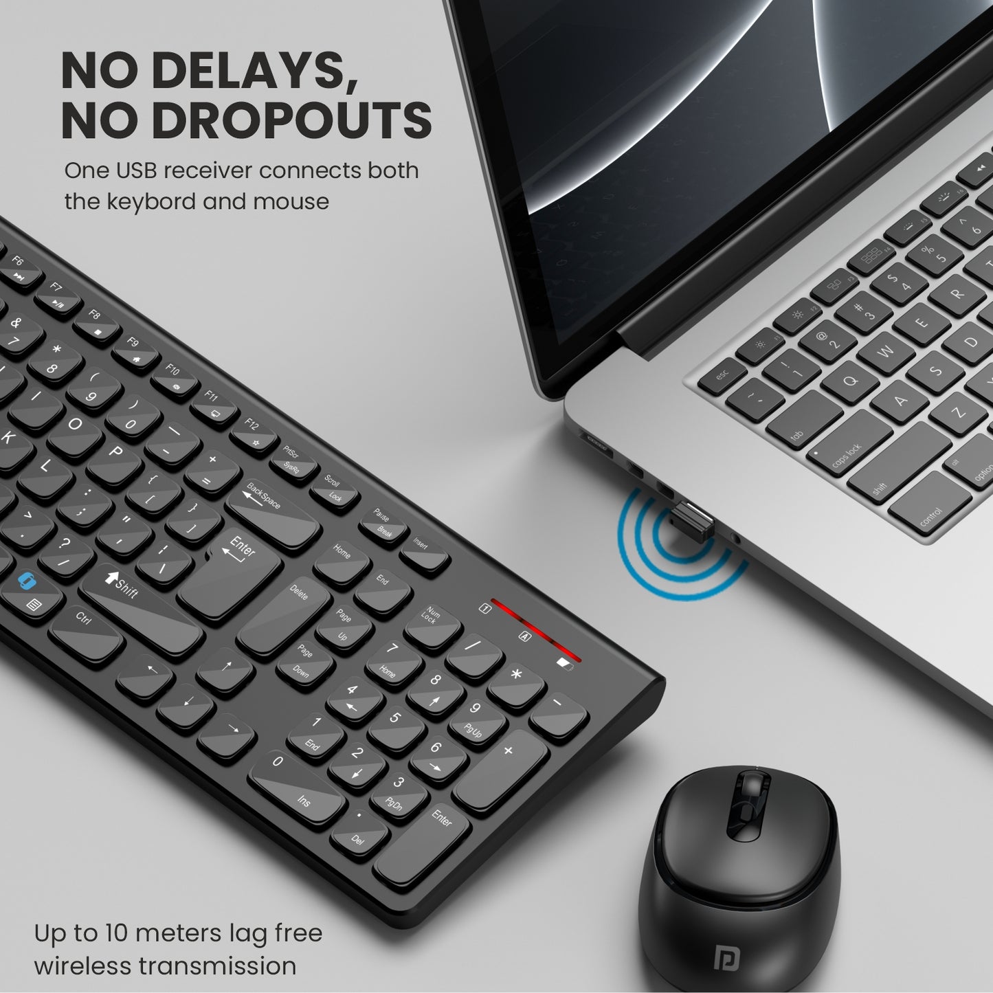 Black portronics key7 combo no delays no dropouts wireless keyboard and mouse – single usb receiver with up to 10m stable connection
