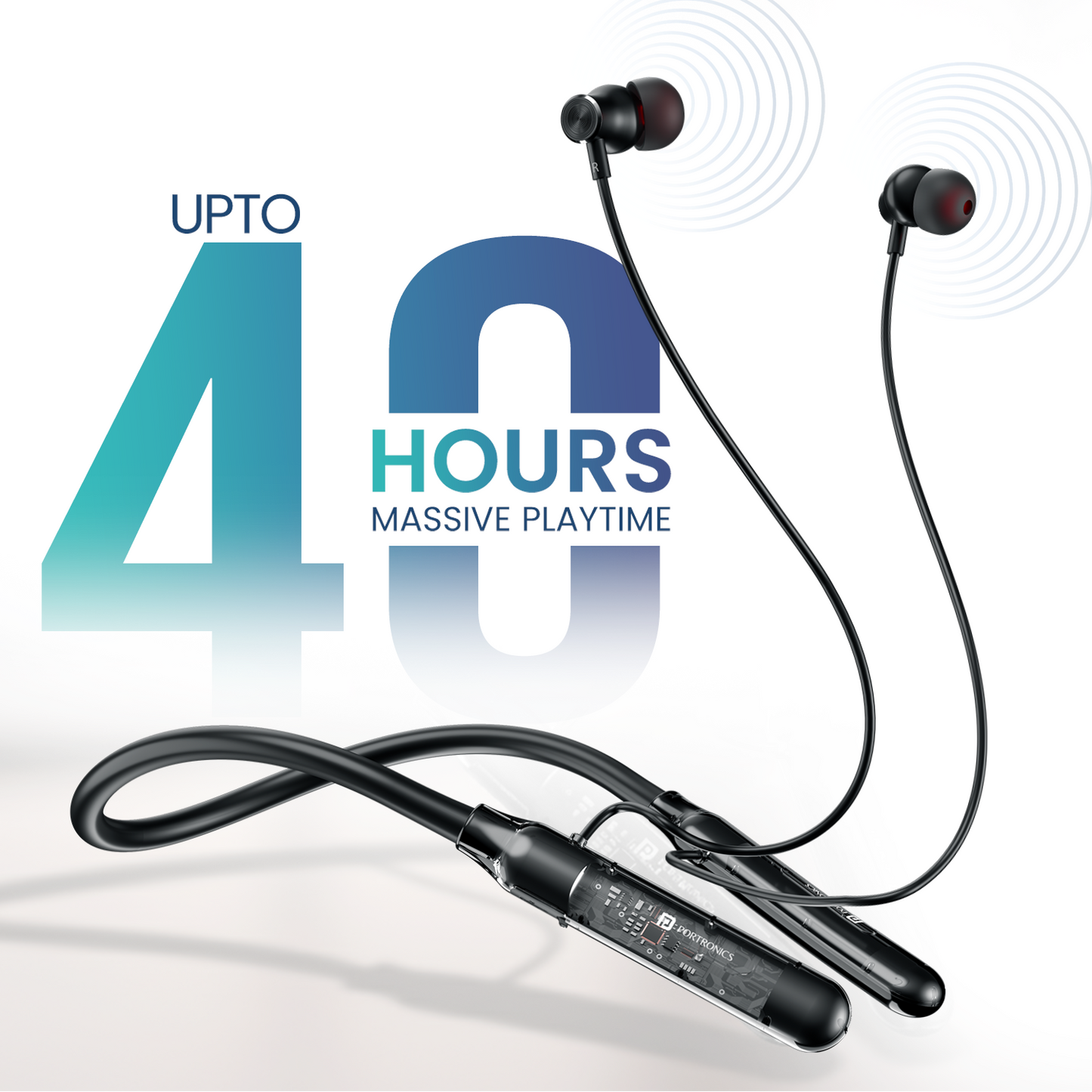 Portronics wireless neckband for sports & fitness, Harmonics Y3 model, in-ear Bluetooth earphones with mic, offering 40hr battery, fast USB-C charging, magnetic lock, and comfortable neckband.
