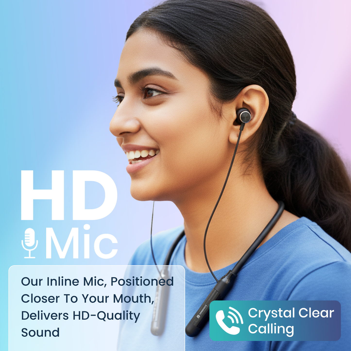 Bluetooth earbud with mic, Portronics Harmonics Y3, wireless headphones with 40-hour playtime, ergonomic neckband, deep bass, clear vocals, and transparent accents, suitable for calls and music.