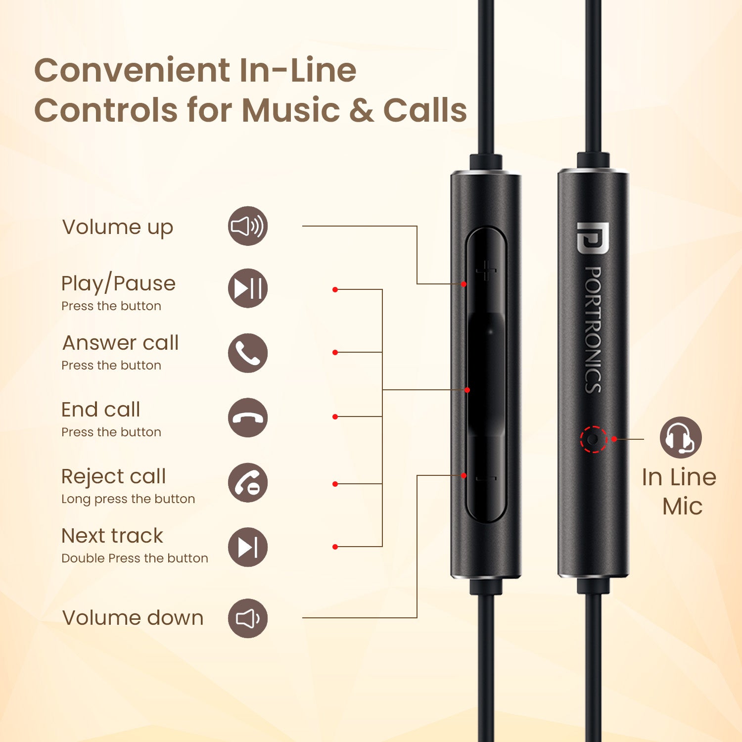 Black portronics conch sigma type c wired earphones | compact pocket friendly form factor | on the go earphone with mic | buy portronics type c earphones