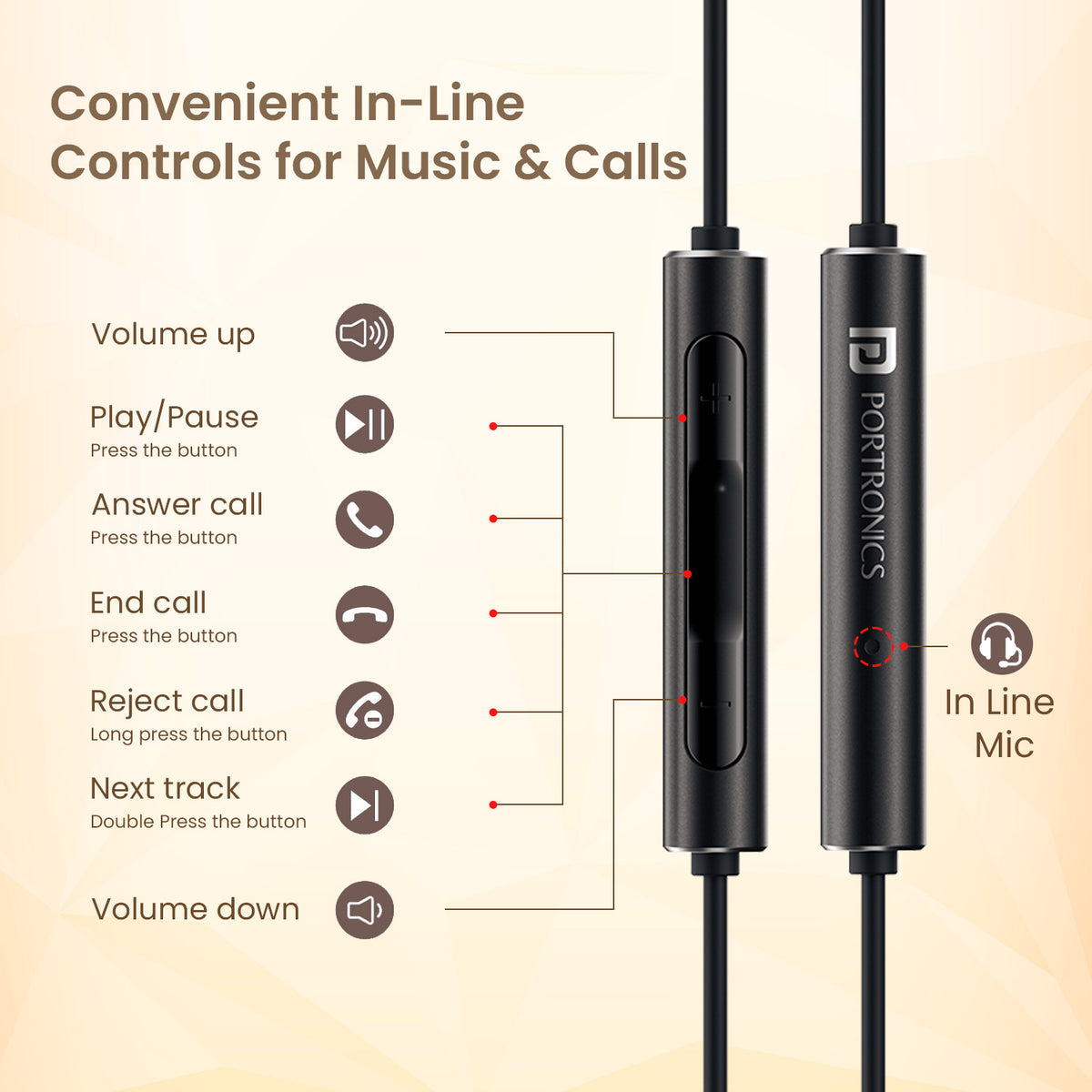 Black portronics conch sigma type c wired earphones | compact pocket friendly form factor | on the go earphone with mic | buy portronics type c earphones