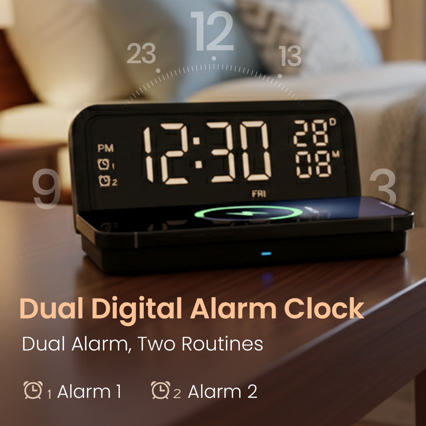Freedom 4E Wireless Charging Stand with Clock | Wireless Charger for Samsung, iPhone, and Apple Devices | 15 Watt Fast Wireless Charging Pad with Dual Alarms, LED Time Display, and Soft Non-Slip Fabric Surface | Modern Desktop Wireless Charger