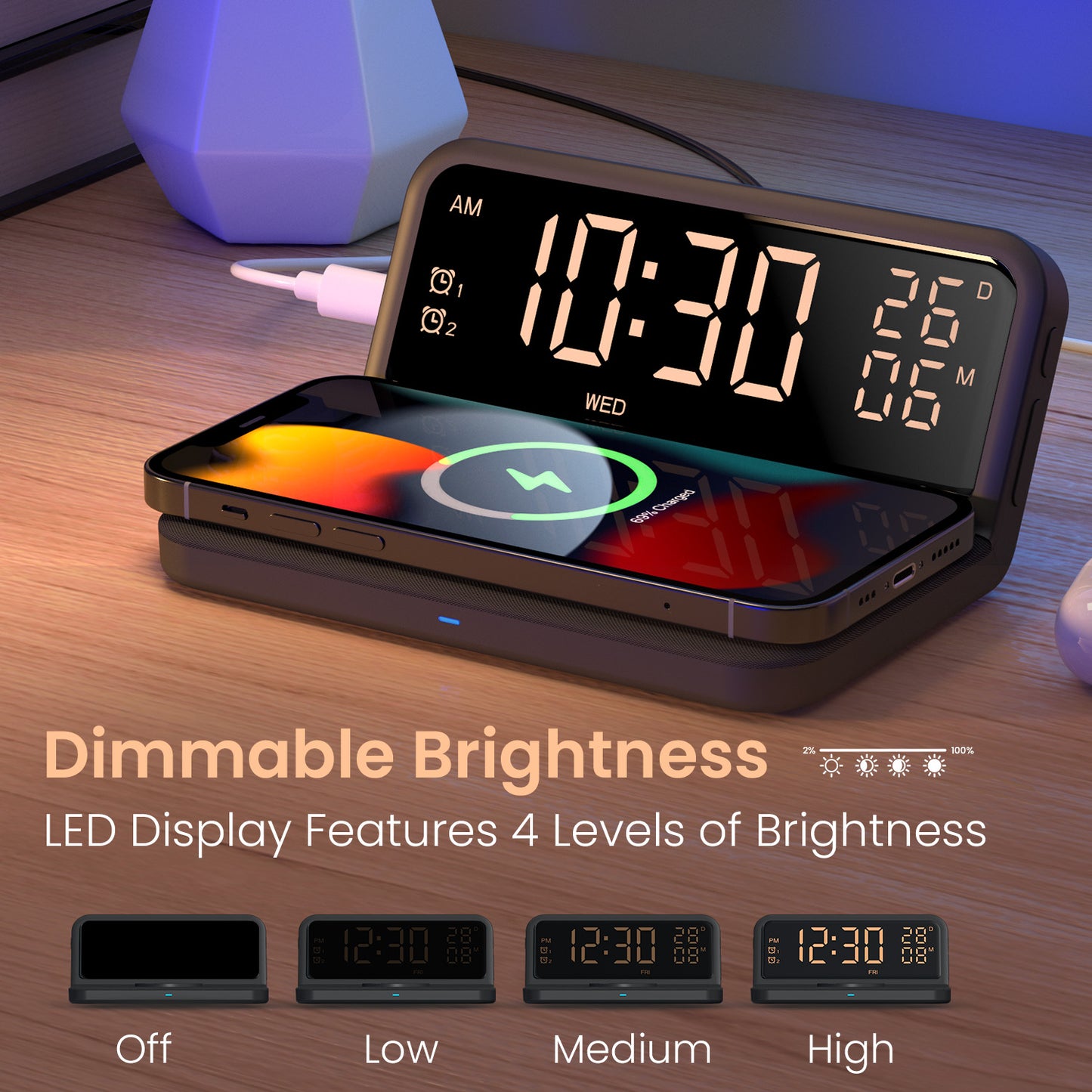 Freedom 4E Wireless Mobile Charging Pad with Dual Alarm Clock and LED Time Display | 15W Fast Wireless Charger for iPhone, Android, and Samsung Devices | Soft-Fabric Surface for Scratch Protection and Stable Charging Performance