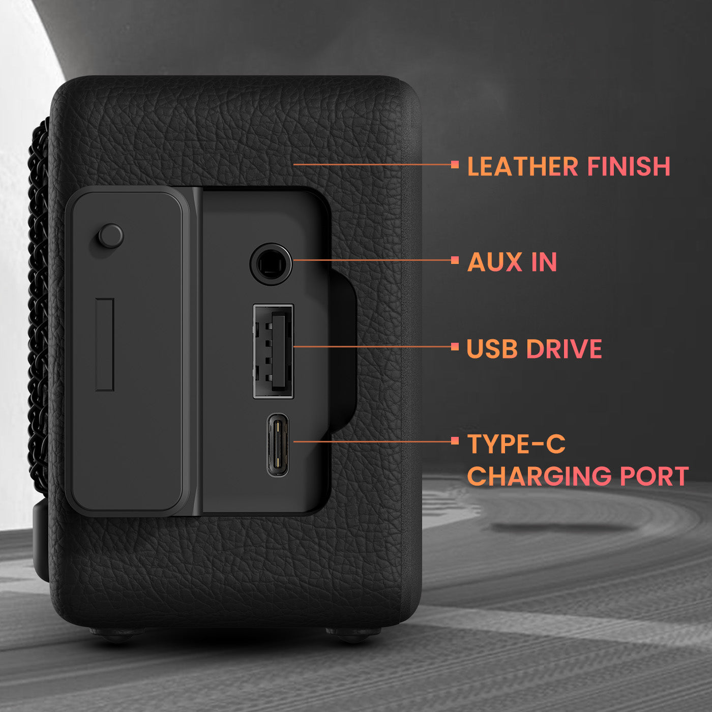 Black harmony mini aux speaker | leather finish with aux in usb drive and type c charging port | versatile connectivity portable bluetooth speaker | wireless speaker bluetooth with multiple input options