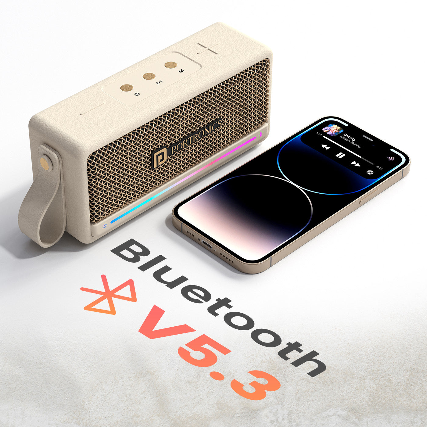 Beige harmony mini mini bluetooth speaker | bluetooth 5.3 wireless pairing portable speaker | fast wireless streaming wireless speaker bluetooth | portronics bluetooth speakers with seamless device connectivity