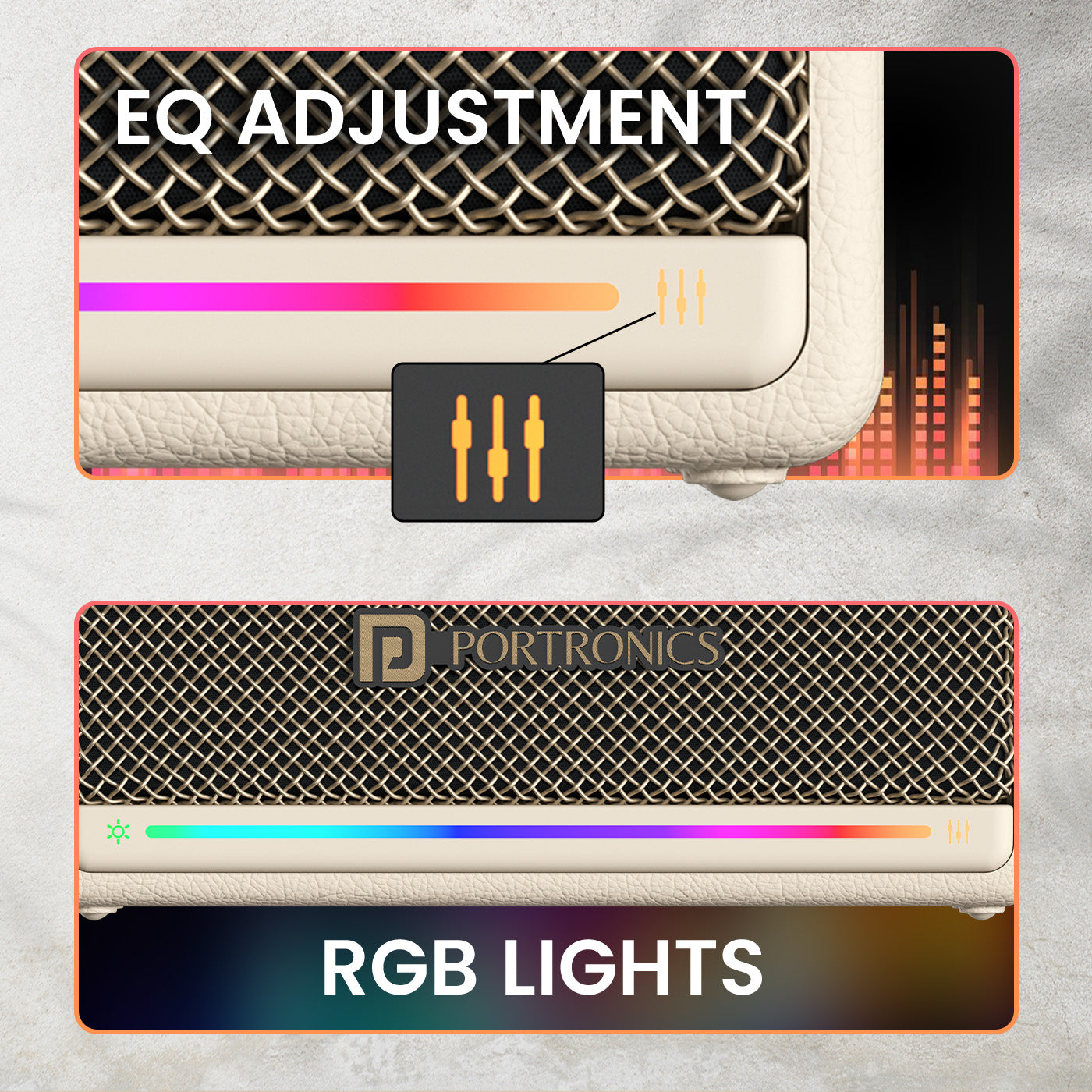 Beige harmony mini bluetooth speaker with fm | eq adjustments and rgb lights wireless speaker | customizable audio portable mini speaker | bluetooth speakers with lights and personalized sound settings