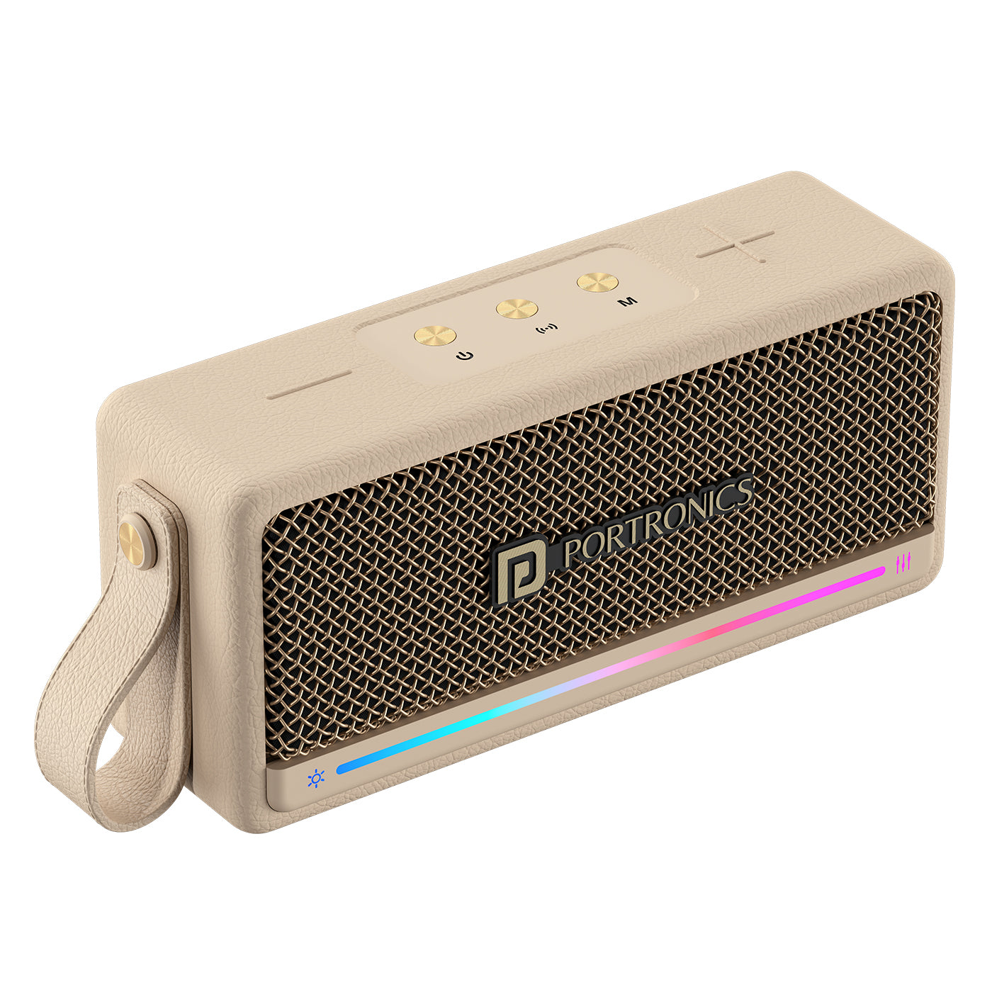 Beige harmony mini mini portable speaker | rgb lights and carry strap portable bluetooth speaker | front view wireless mini speaker | best speakers under 5000 with stylish leather finish design
