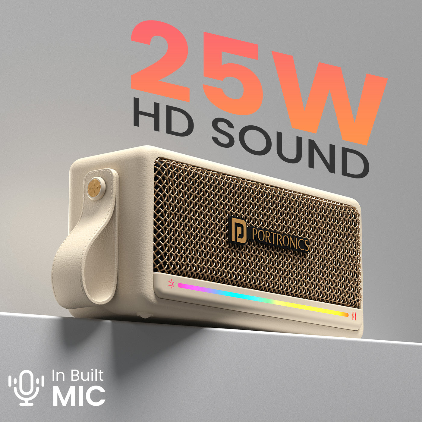Beige harmony mini portable mini speaker | 25w hd sound and in built mic wireless bluetooth speaker | voice assistant and hands free calling bluetooth speaker | portronics bluetooth speakers with powerful hd audio