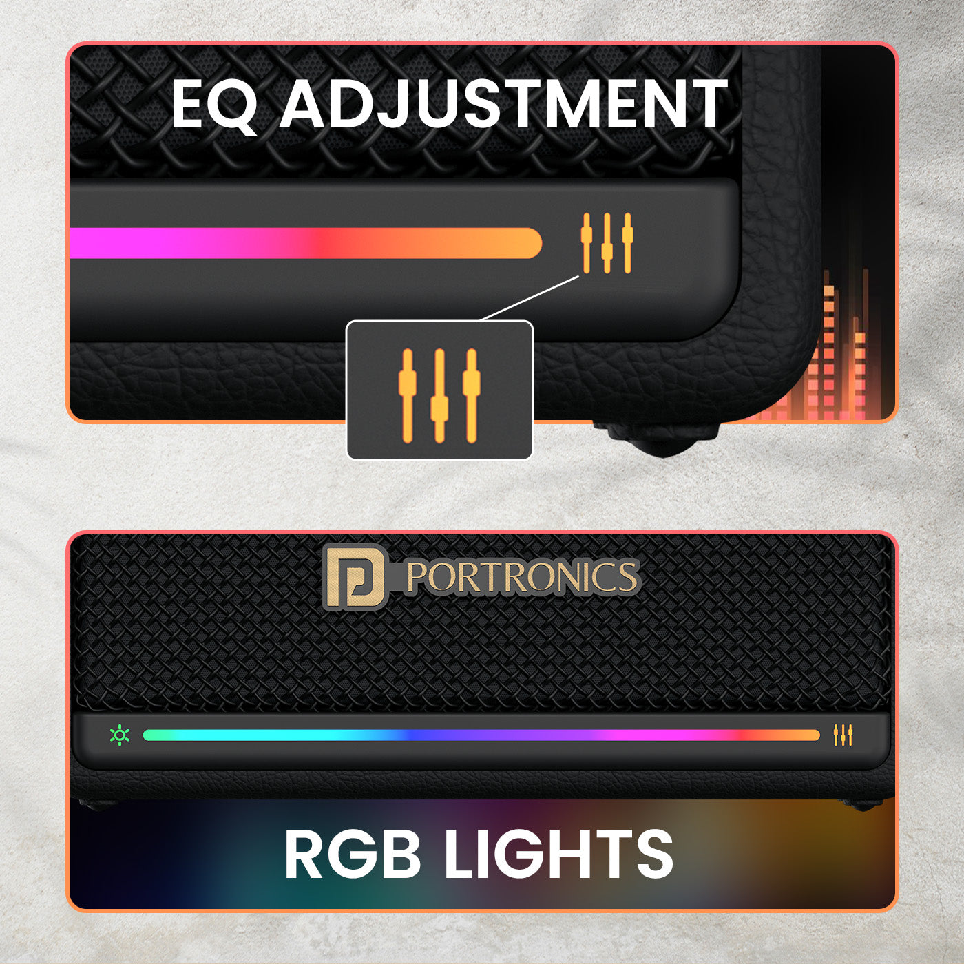 Black harmony mini portronics bluetooth speakers | eq adjustments and rgb lights mini bluetooth speaker | customizable sound portable speaker | bluetooth speakers with lights and fine tuned audio experience
