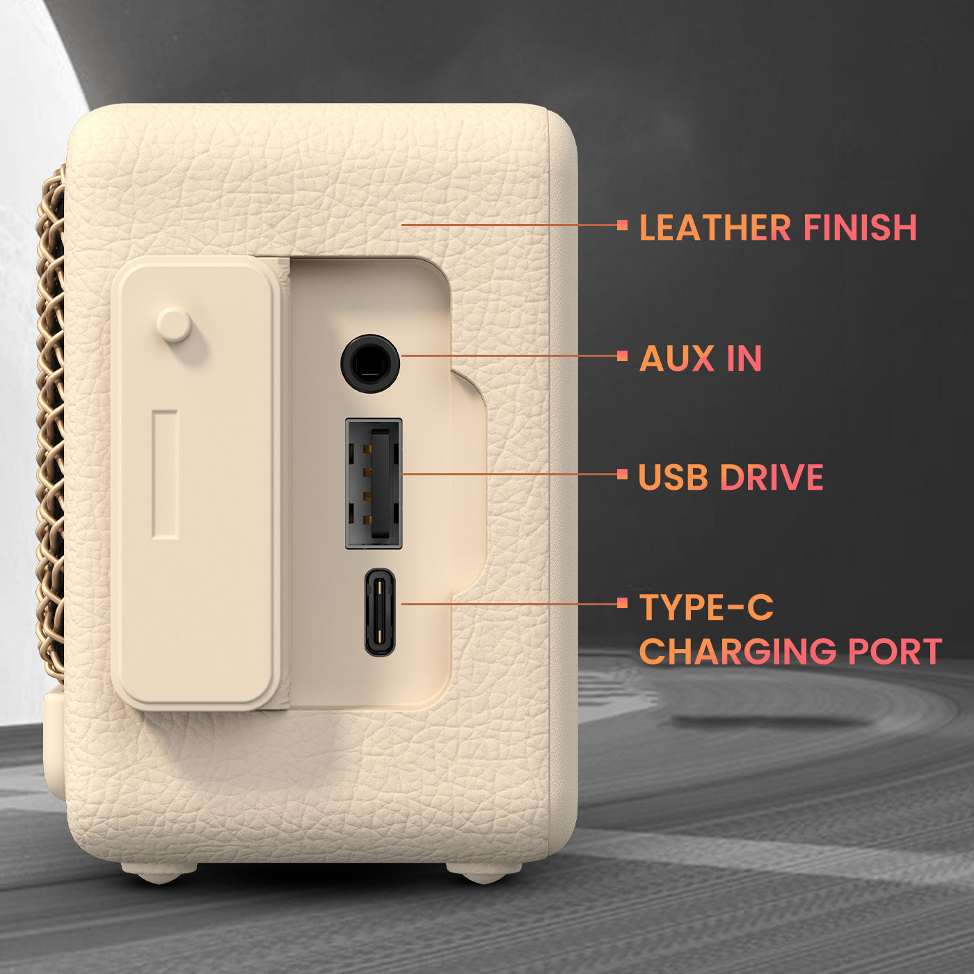 Beige harmony mini aux speaker | leather finish aux in usb drive type c port mini portable speaker | multi connectivity wireless bluetooth speaker | speakers with versatile input options for endless entertainment
