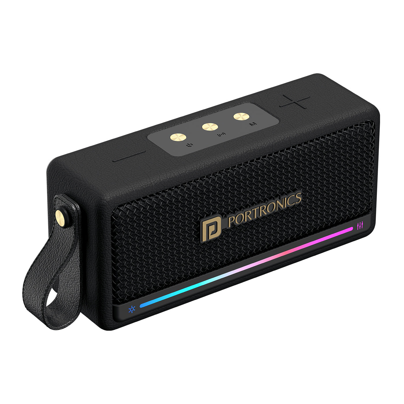 Black harmony mini bluetooth speaker | rgb lights and leather finish portable speaker | front view mini portable speaker | wireless speaker with premium compact design