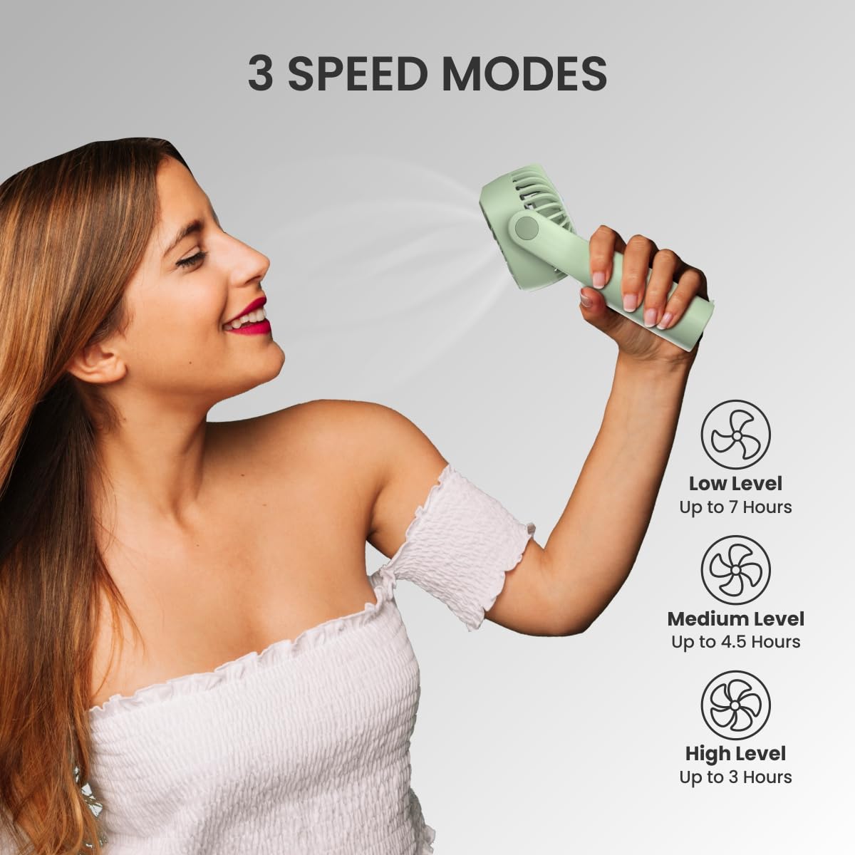 Green Stylish and functional Toofan Mini mini portable fan with 3-speed control and long-lasting battery for use during power outages