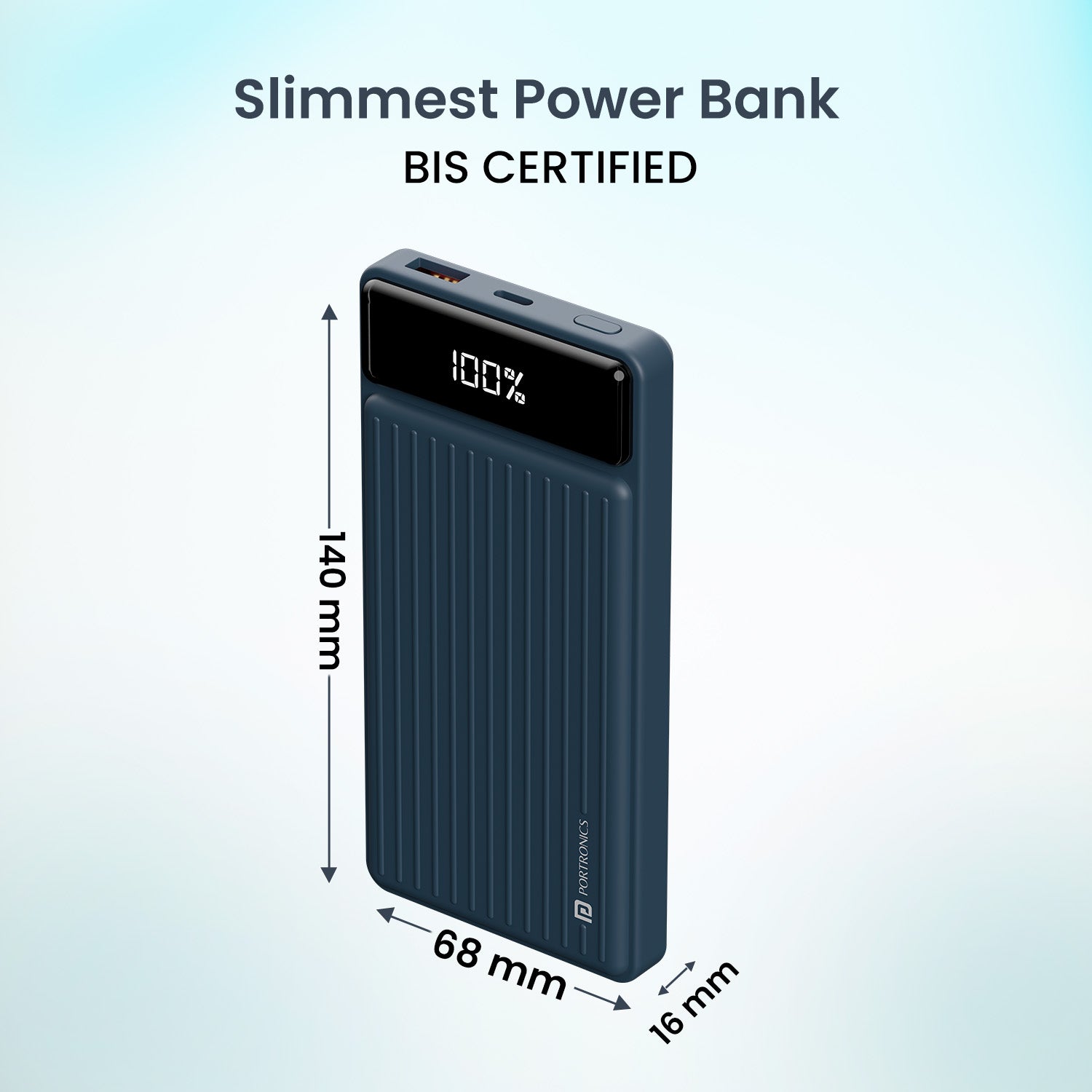 Blue Portronics Luxcell B 10000mAh slim power bank with BIS certification, smart safety features, and dual device support for fast and reliable charging