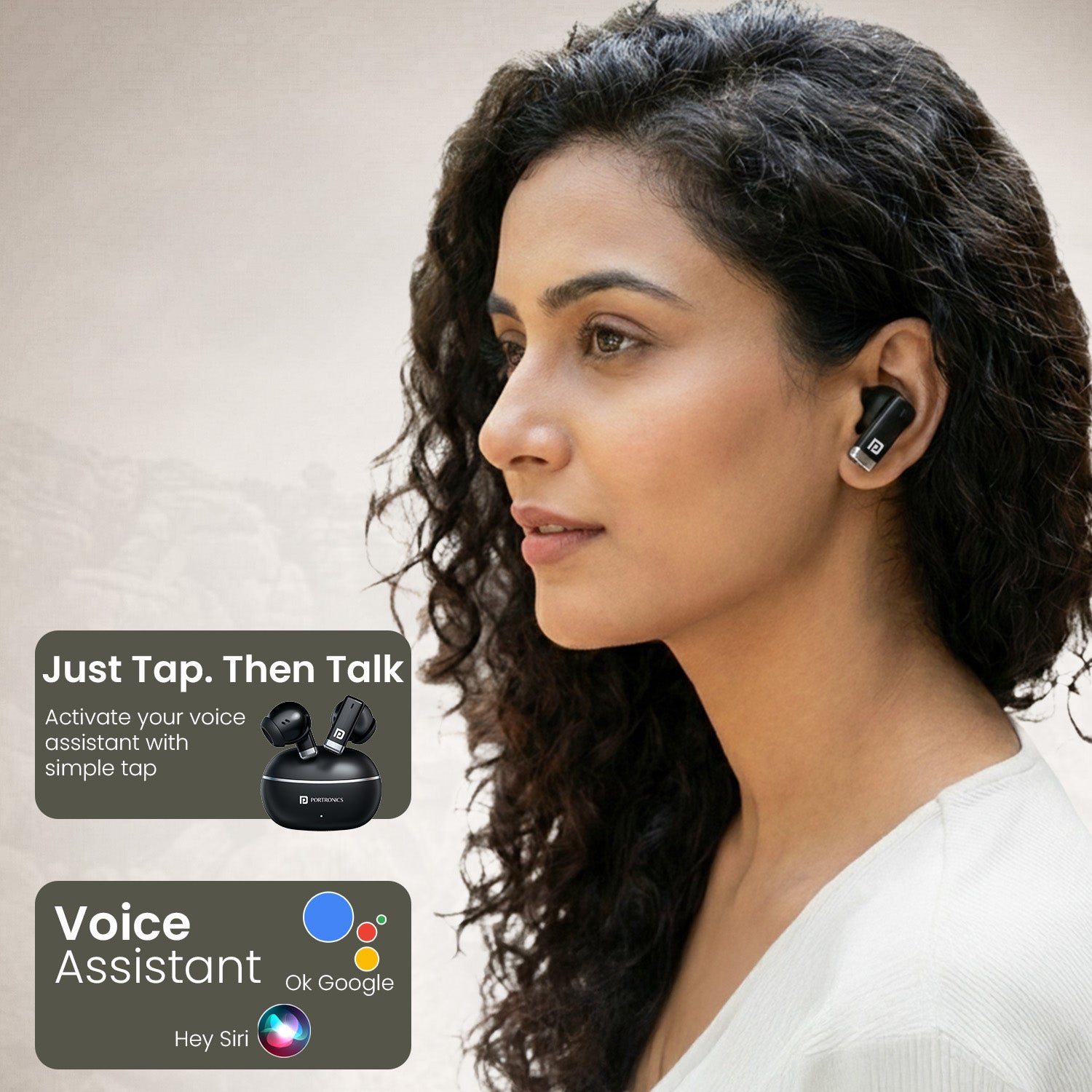 Black Portronics Twins One Smart Earbuds | Touch controls with voice assistant and HD mic | bluetooth earbud with mic for work calls and online meetings
