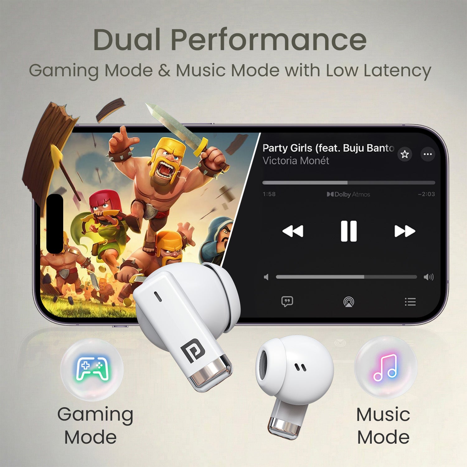 White Portronics Twins One True Wireless Bluetooth Earbuds | Touch control with Type-C fast charging | latest earbuds for mobile users needing all-day comfort