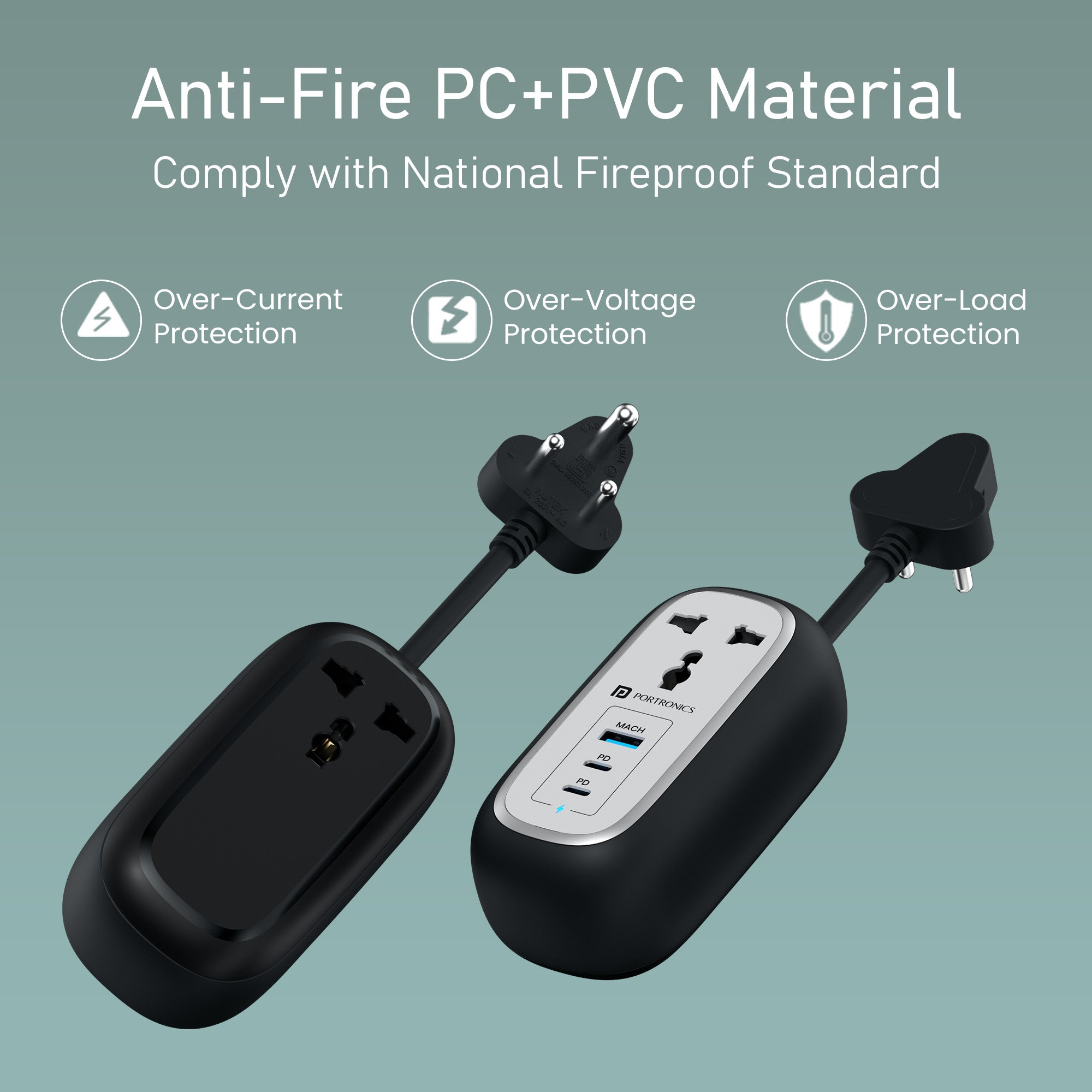 Black Portronics Volt 65 Pro USB Charger | 1500W electric power extension board with built-in surge protection for laptops, mobiles, and smart gadgets.
