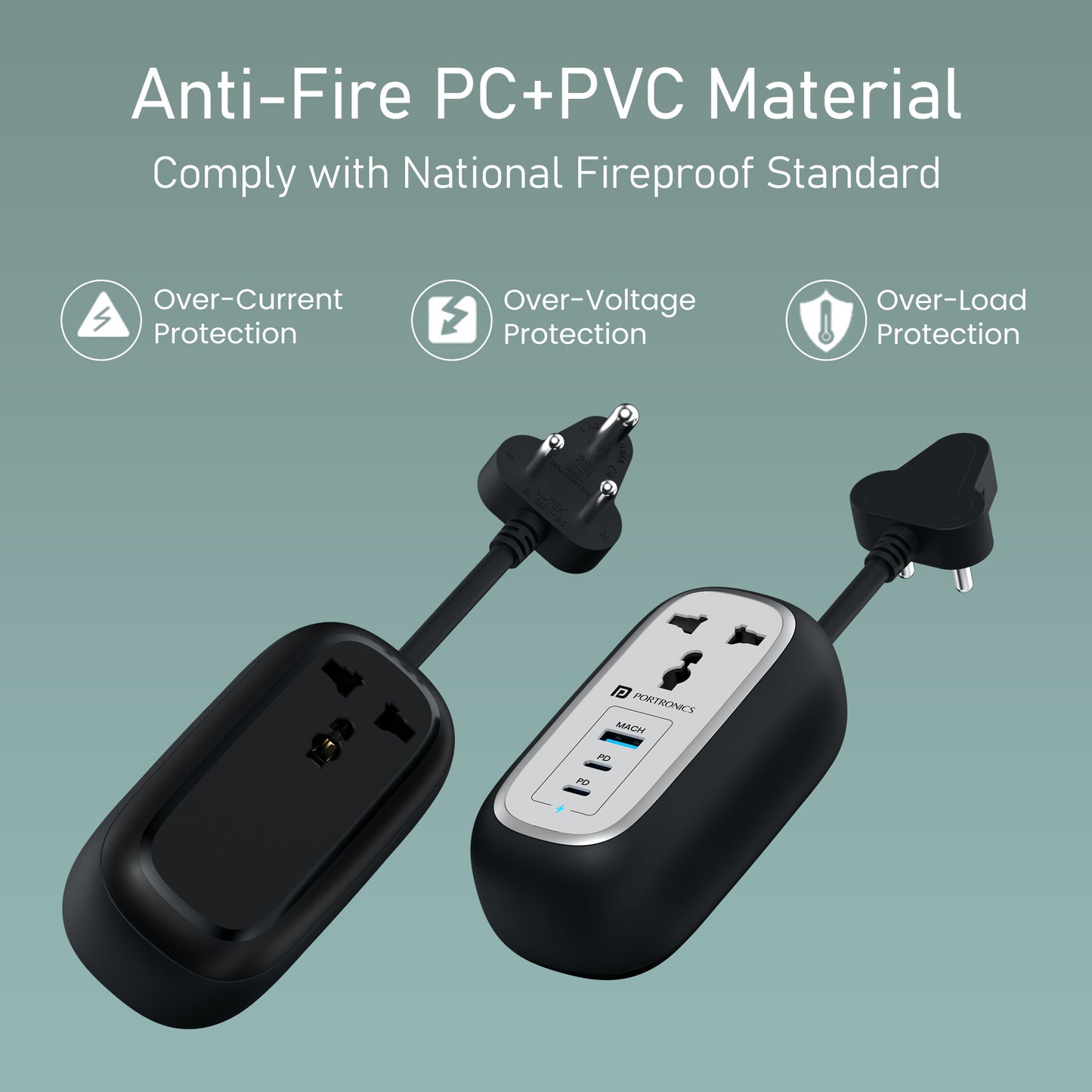 Black Portronics Volt 65 Pro USB Charger | 1500W electric power extension board with built-in surge protection for laptops, mobiles, and smart gadgets.
