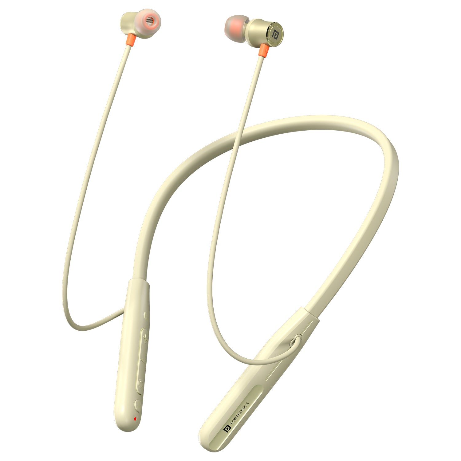 Beige portronics harmonics prime in ear wireless headset | flexible contoured silicone neckband construction | all day comfortable audio listening | affordable wireless stereo earphones