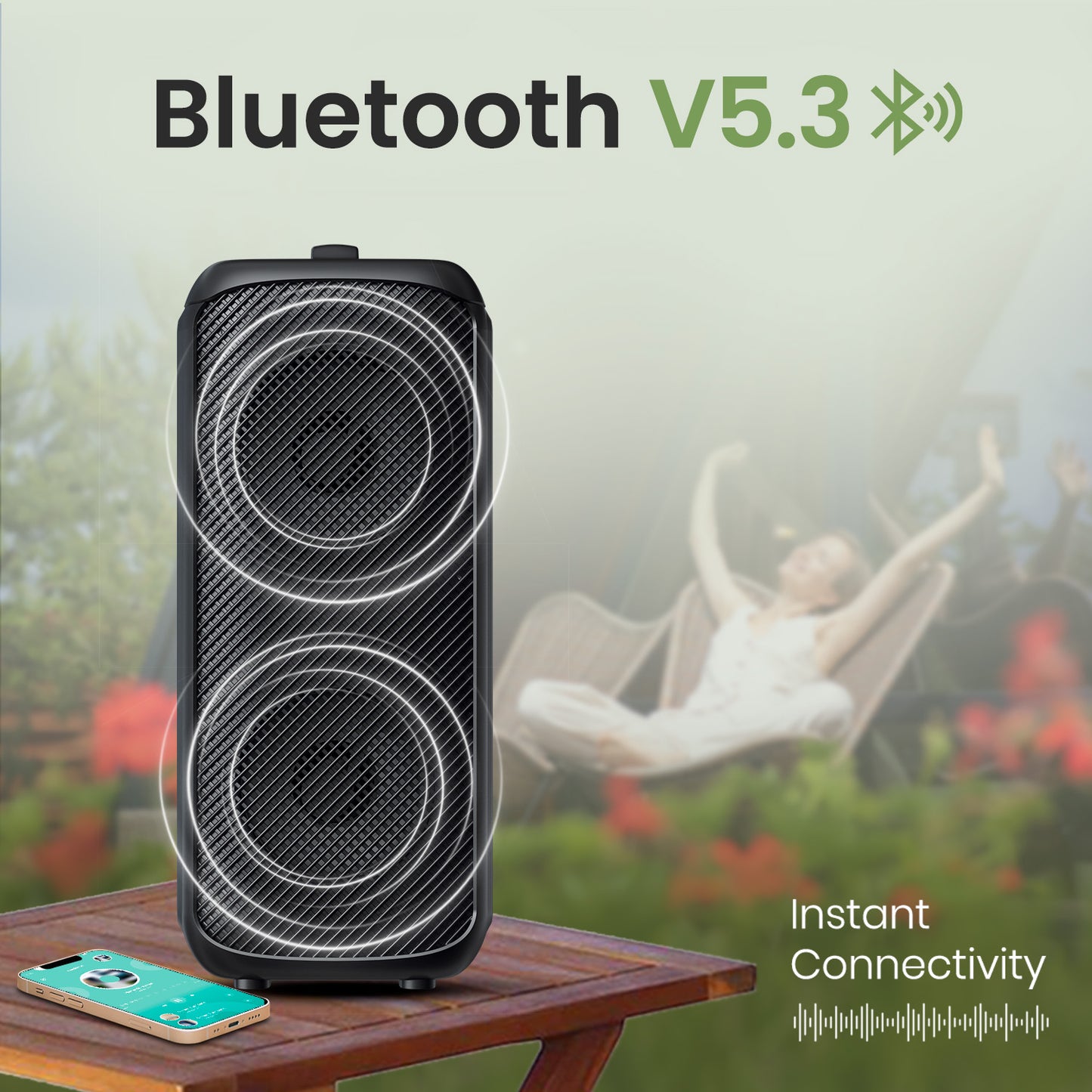 portable party speaker Portronics Rumble with built‑in MIC option, karaoke speaker with wireless mic support, and Bluetooth 5.3, Type‑C fast charging, AUX and USB connectivity, portable rechargeable speaker for powerful sound