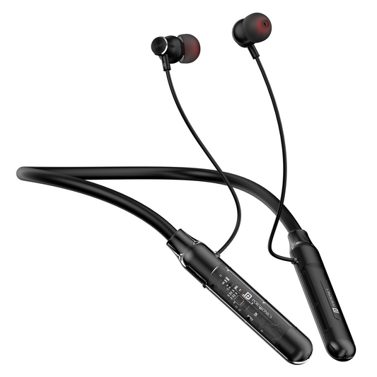 Portronics Harmonics Y3 wireless neckband earphones, in-ear with mic, true wireless stereo, 40-hour playtime, Bluetooth 5.4, Type-C fast charging, and magnetic earbuds for sports & fitness.