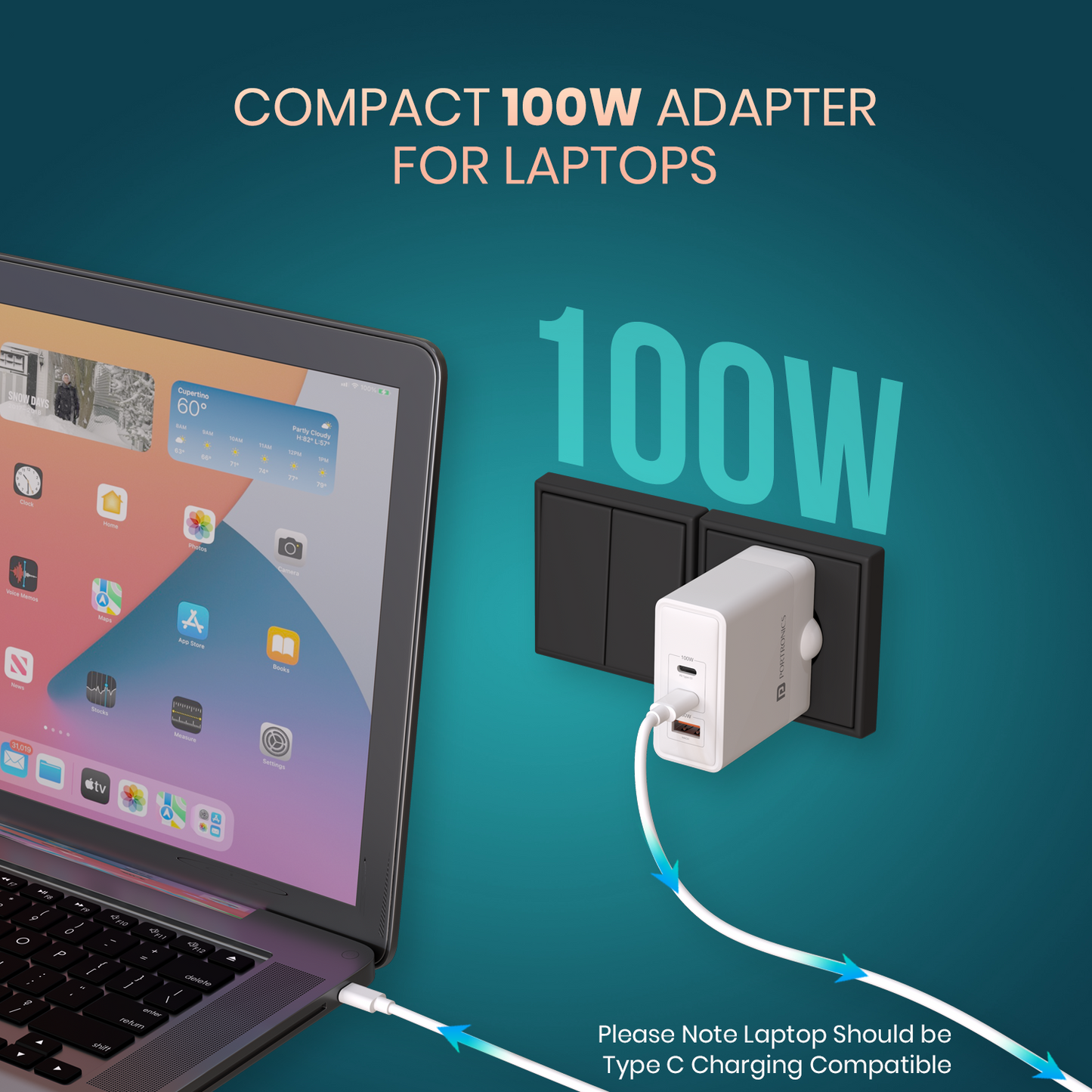 portronics Adapto 100 Type C Charger, featuring GaN technology for efficient power delivery to laptops, tablets, and smartphones| best charger for laptop| 100w charger by portronics