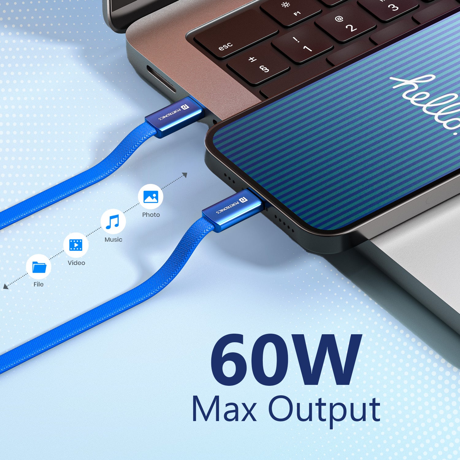 Blue portronics Flatro 60W Fast Charging Type C Cable High Speed Power Delivery for Smartphones Tablets Laptops 