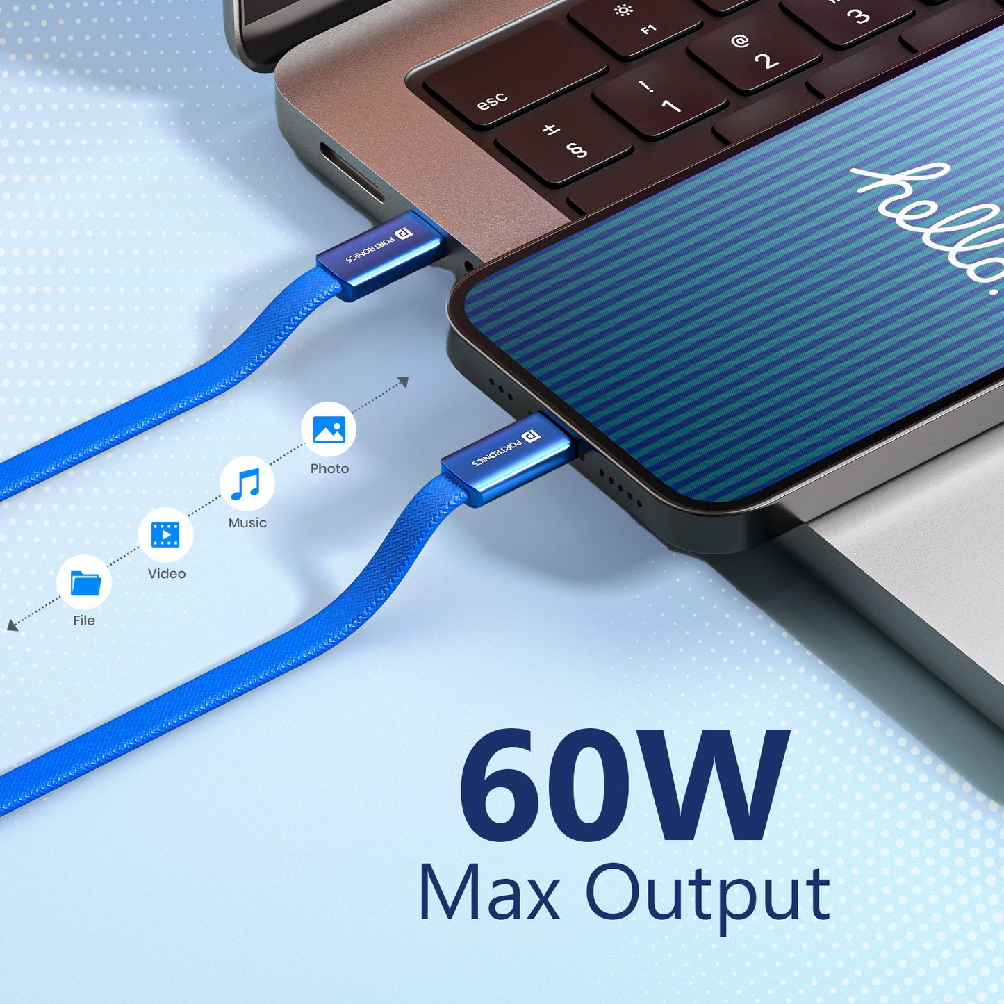 Blue portronics Flatro 60W Fast Charging Type C Cable High Speed Power Delivery for Smartphones Tablets Laptops 