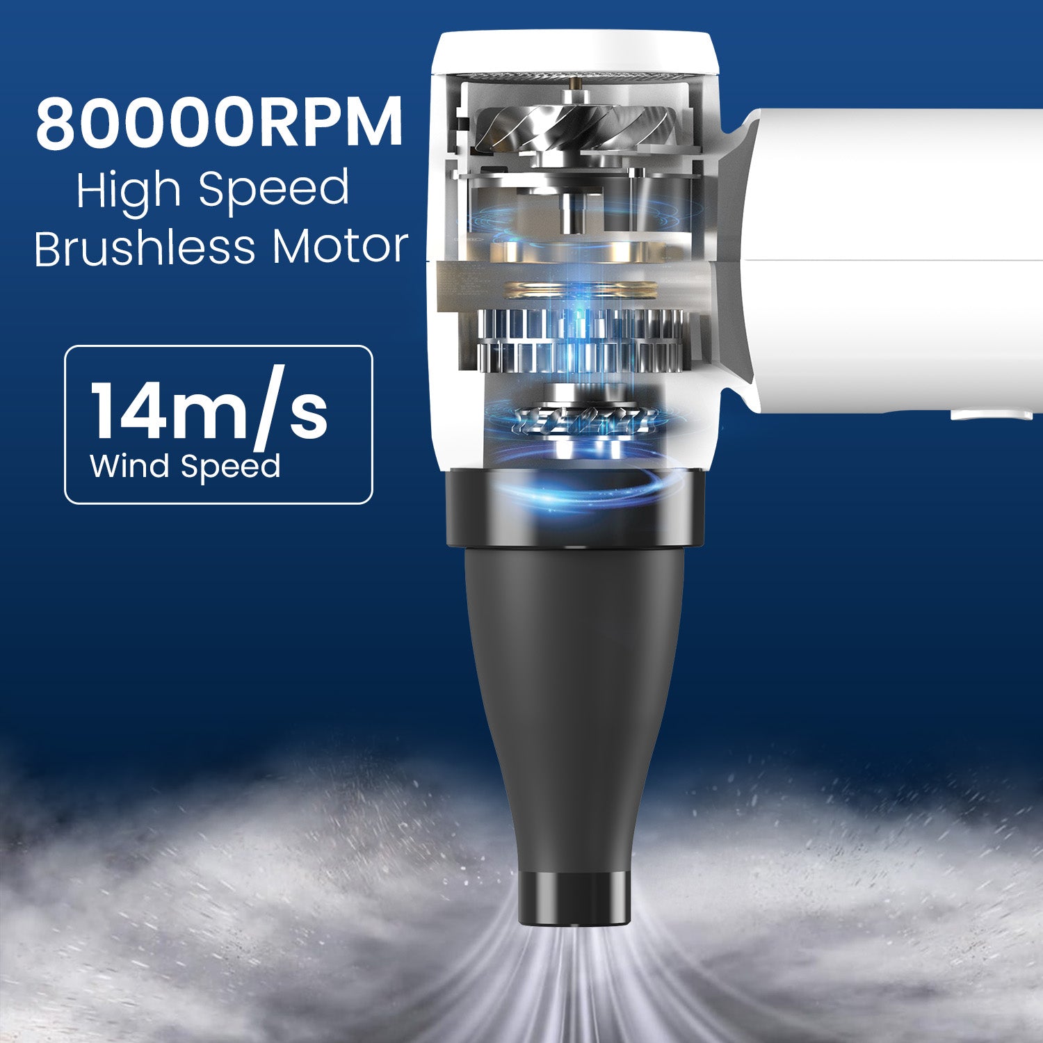 portronics Tez handheld air duster with 80,000 RPM copper brushless motor for deep cleaning. Stepless speed regulation delivers precise airflow control for electronics, cars, keyboards, and heavy-duty dust removal.