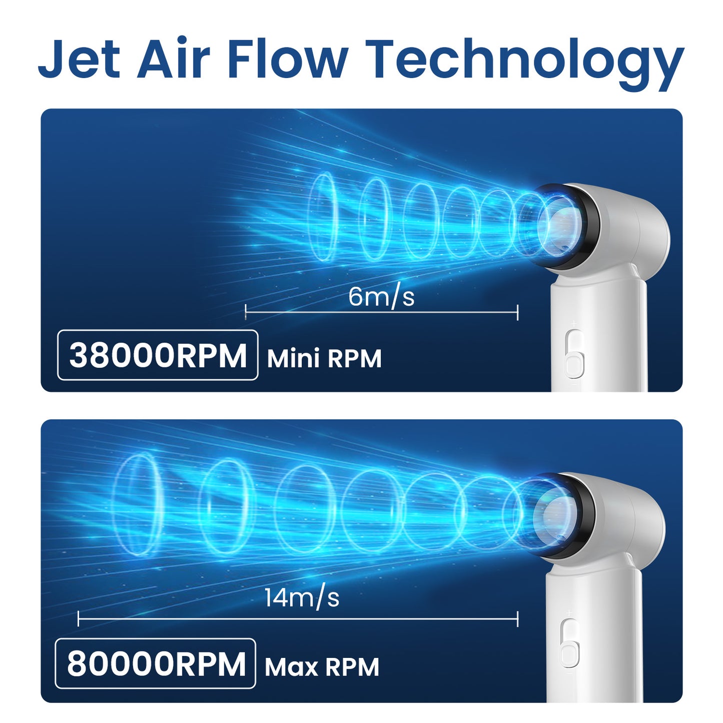 portronics Tez handheld air duster with 80,000 RPM jet airflow technology and stepless speed control. Rechargeable 4500mAh battery powers 40 minutes of high-speed cleaning for electronics, cars, and home.