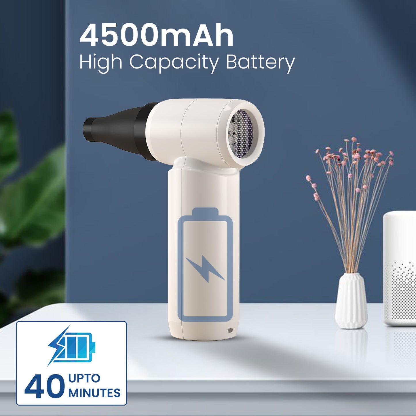 portronics Tez handheld air duster powered by 4500mAh rechargeable battery – up to 40 minutes runtime with Type-C fast charging. Perfect for uninterrupted high-speed cleaning of laptops, cars, and gadgets.

